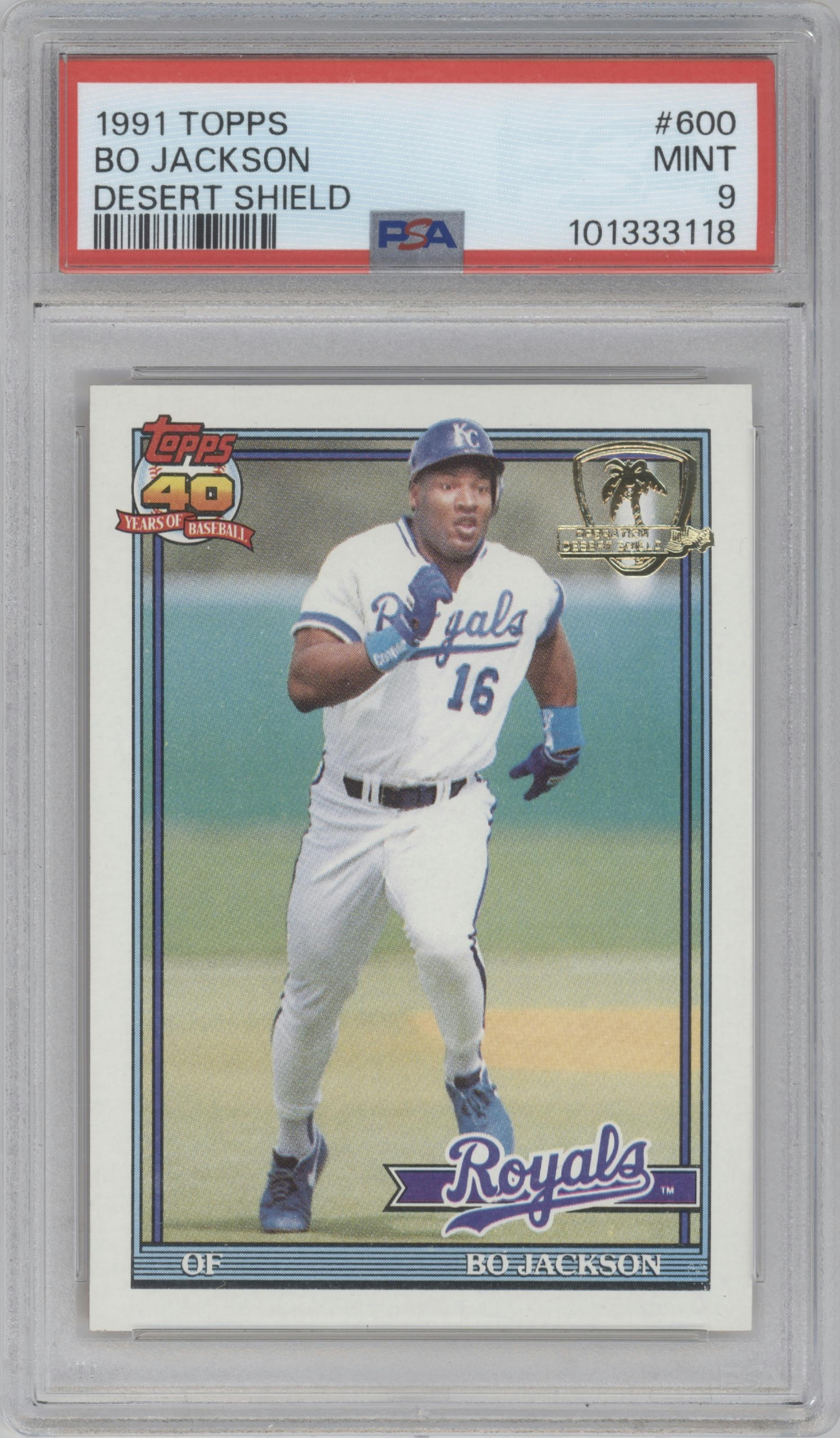 Bo Jackson from the 1991 Topps set featuring a Desert Shield parallel graded by PSA and given an overall grade of 9.