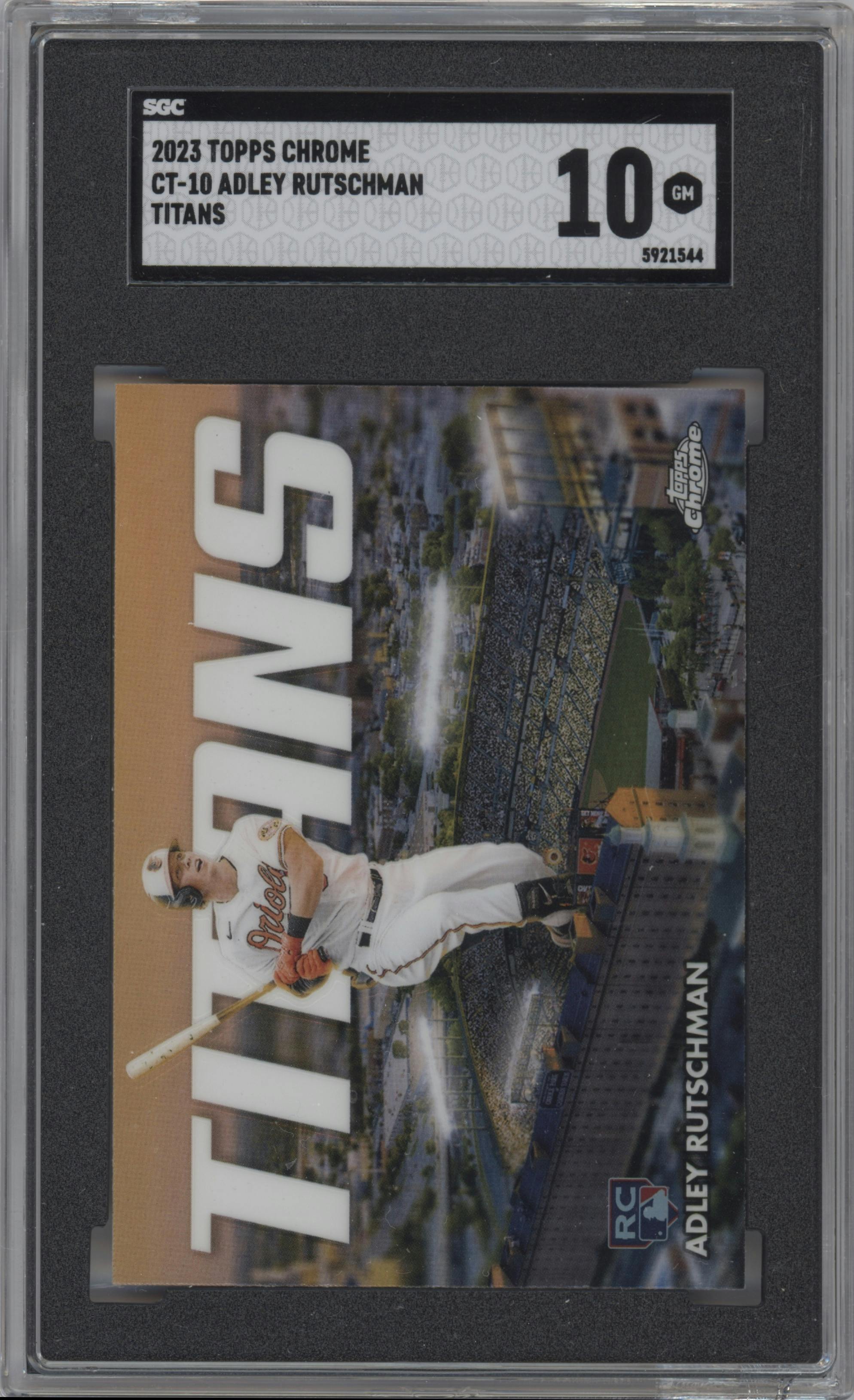 Adley Rutschman from the 2023 Topps Chrome set graded by SGC and given an overall grade of 10.