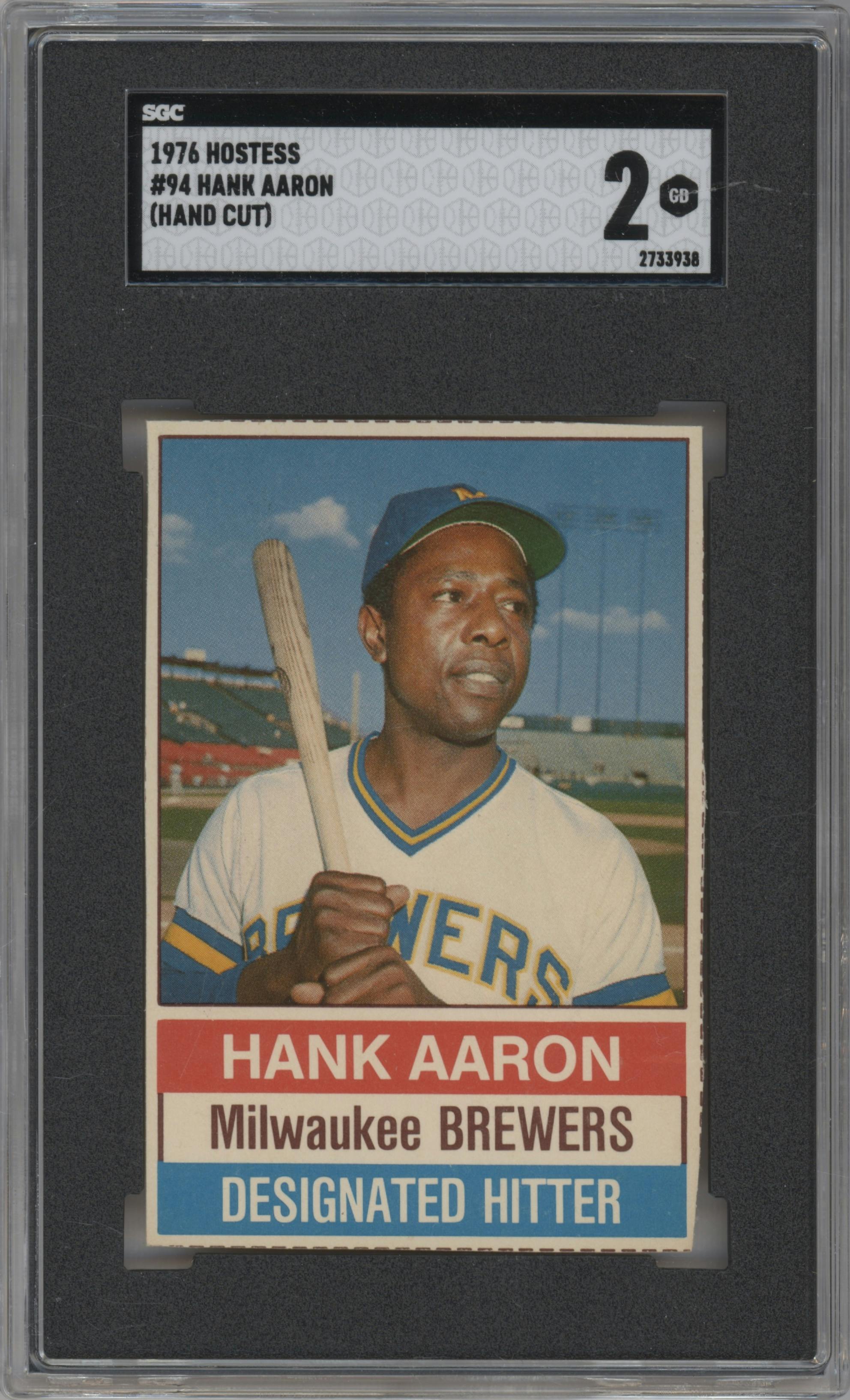 Hank Aaron from the 1976 Hostess set featuring a Hand Cut parallel graded by SGC and given an overall grade of 2.