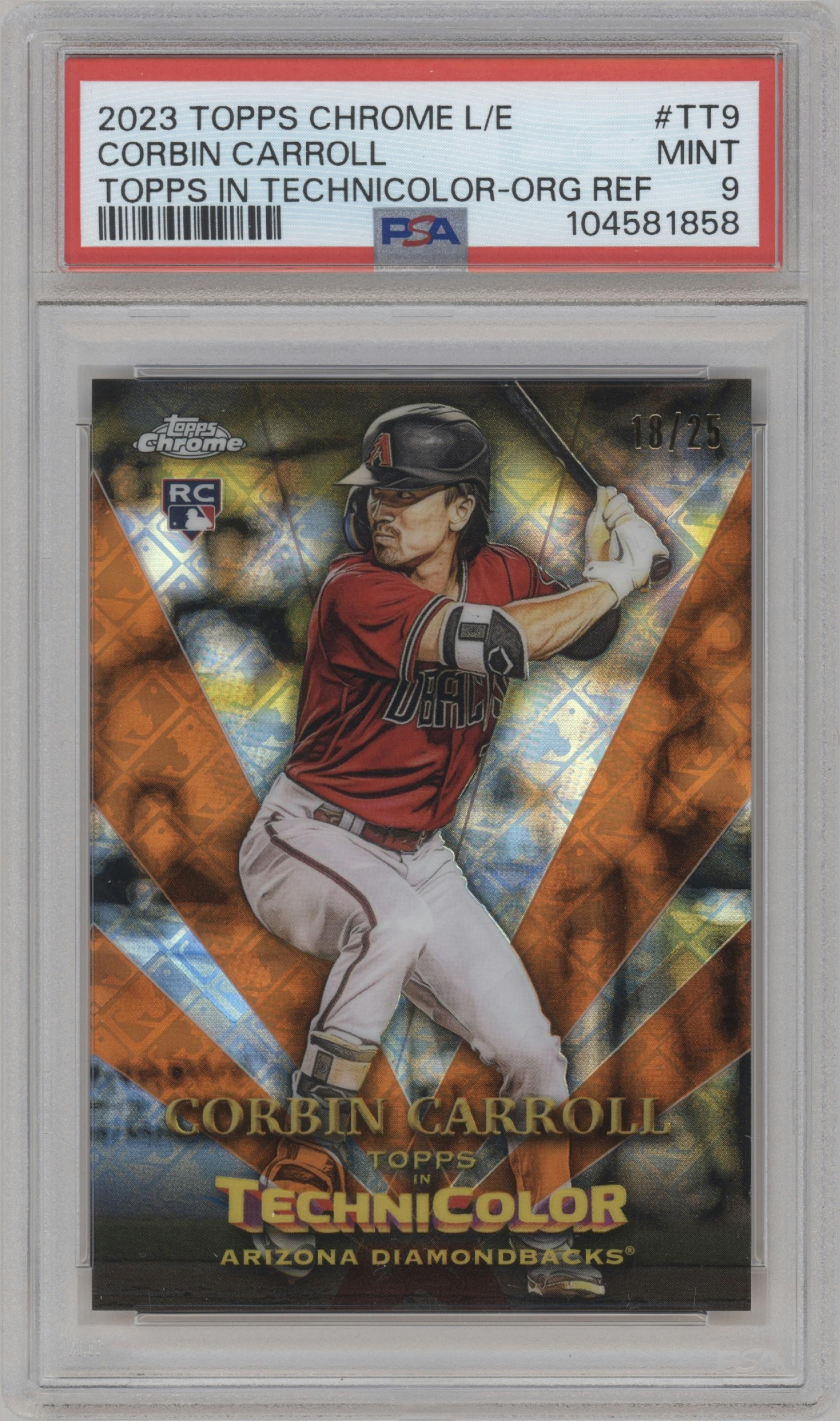 Corbin Carroll from the 2023 Topps Chrome Logofractor Edition set featuring a Orange Refractor parallel graded by PSA and given an overall grade of 9.