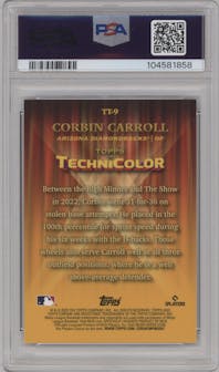 Corbin Carroll from the 2023 Topps Chrome Logofractor Edition set featuring a Orange Refractor parallel graded by PSA and given an overall grade of 9.