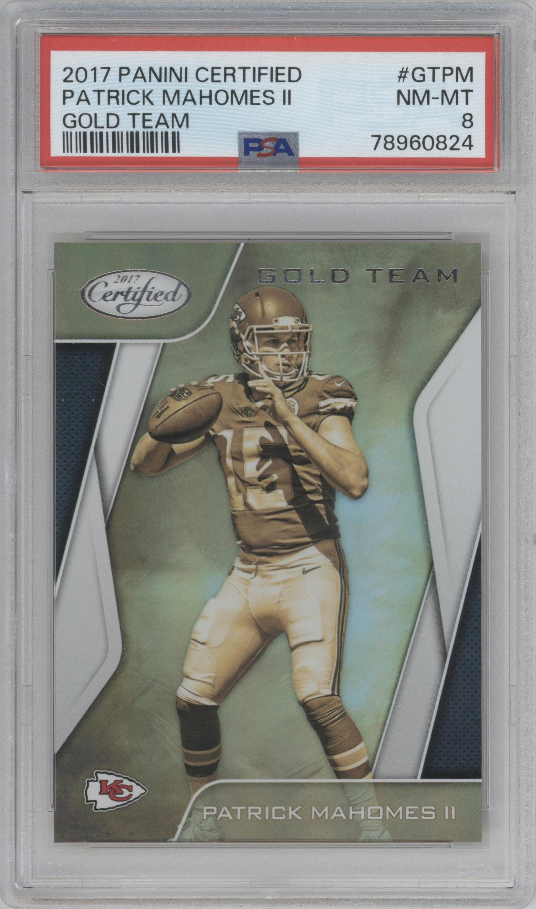 Patrick Mahomes II from the 2017 Panini Certified set graded by PSA and given an overall grade of 8.