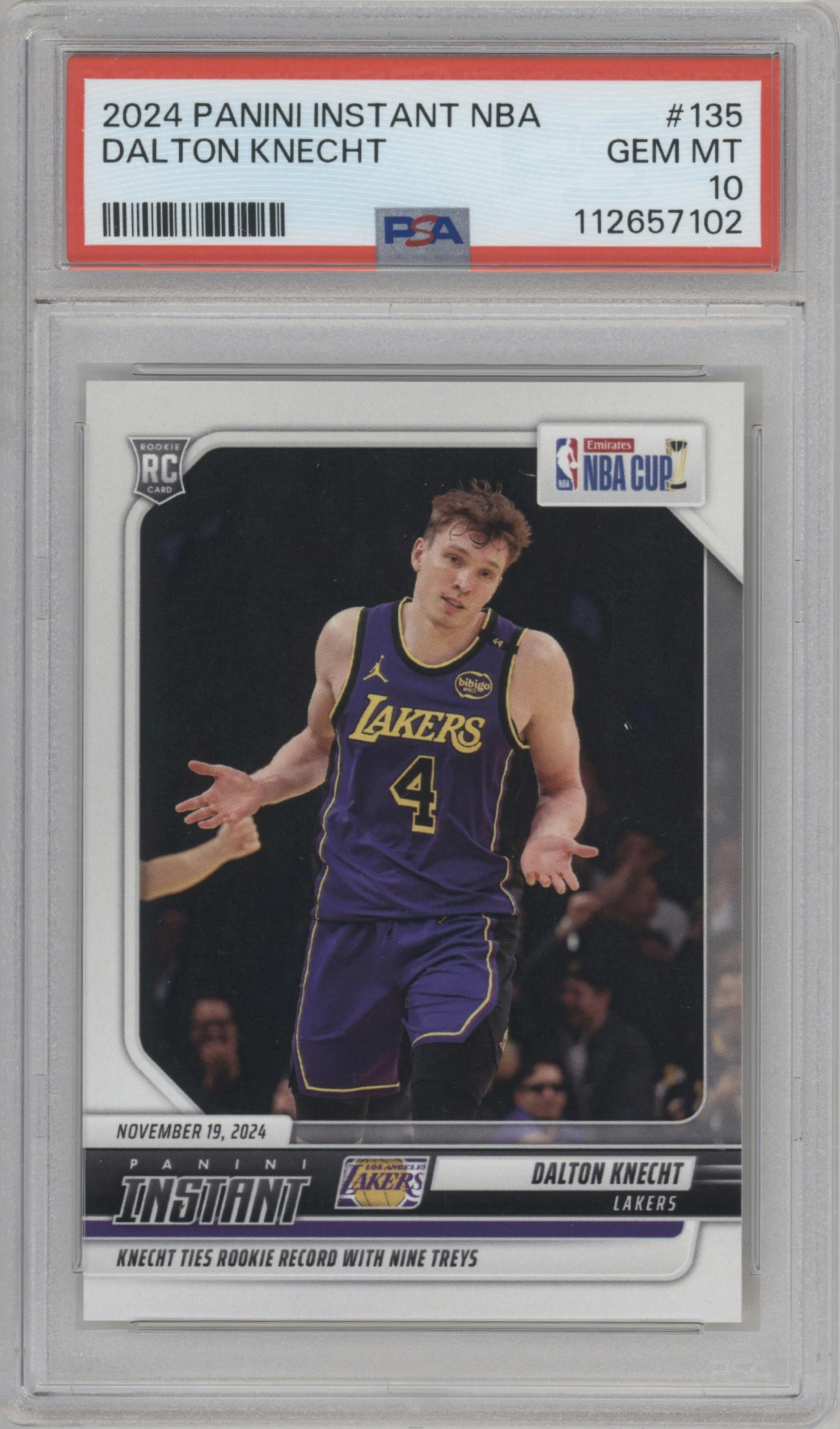 Dalton Knecht from the 2024-25 Panini Instant NBA set graded by PSA and given an overall grade of 10.