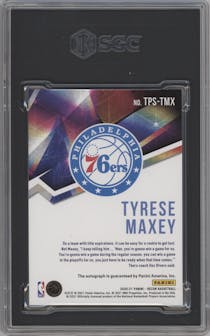Tyrese Maxey from the 2020-21 Panini Recon set featuring a Blue parallel graded by SGC and given an overall grade of 8.