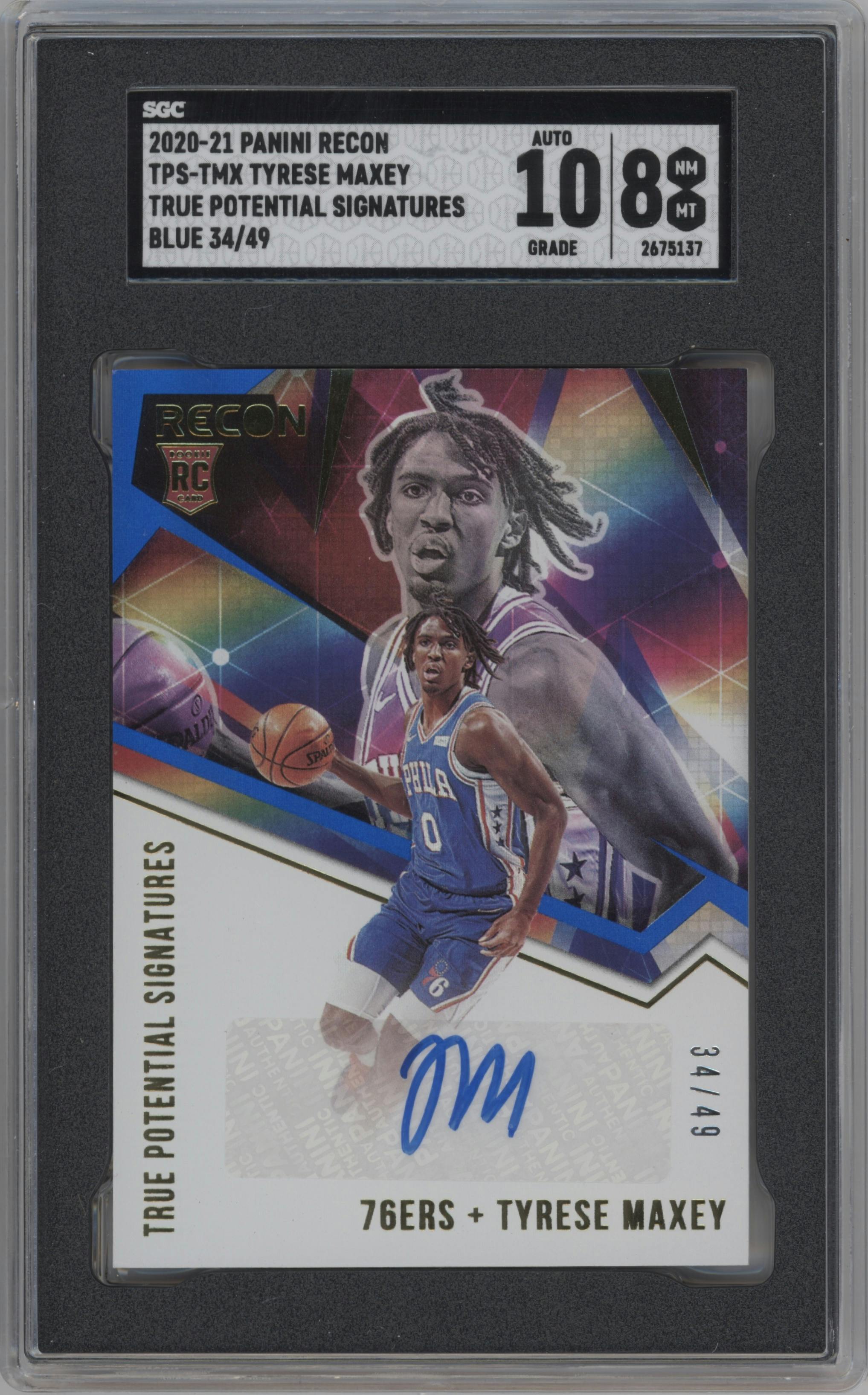 Tyrese Maxey from the 2020-21 Panini Recon set featuring a Blue parallel graded by SGC and given an overall grade of 8.