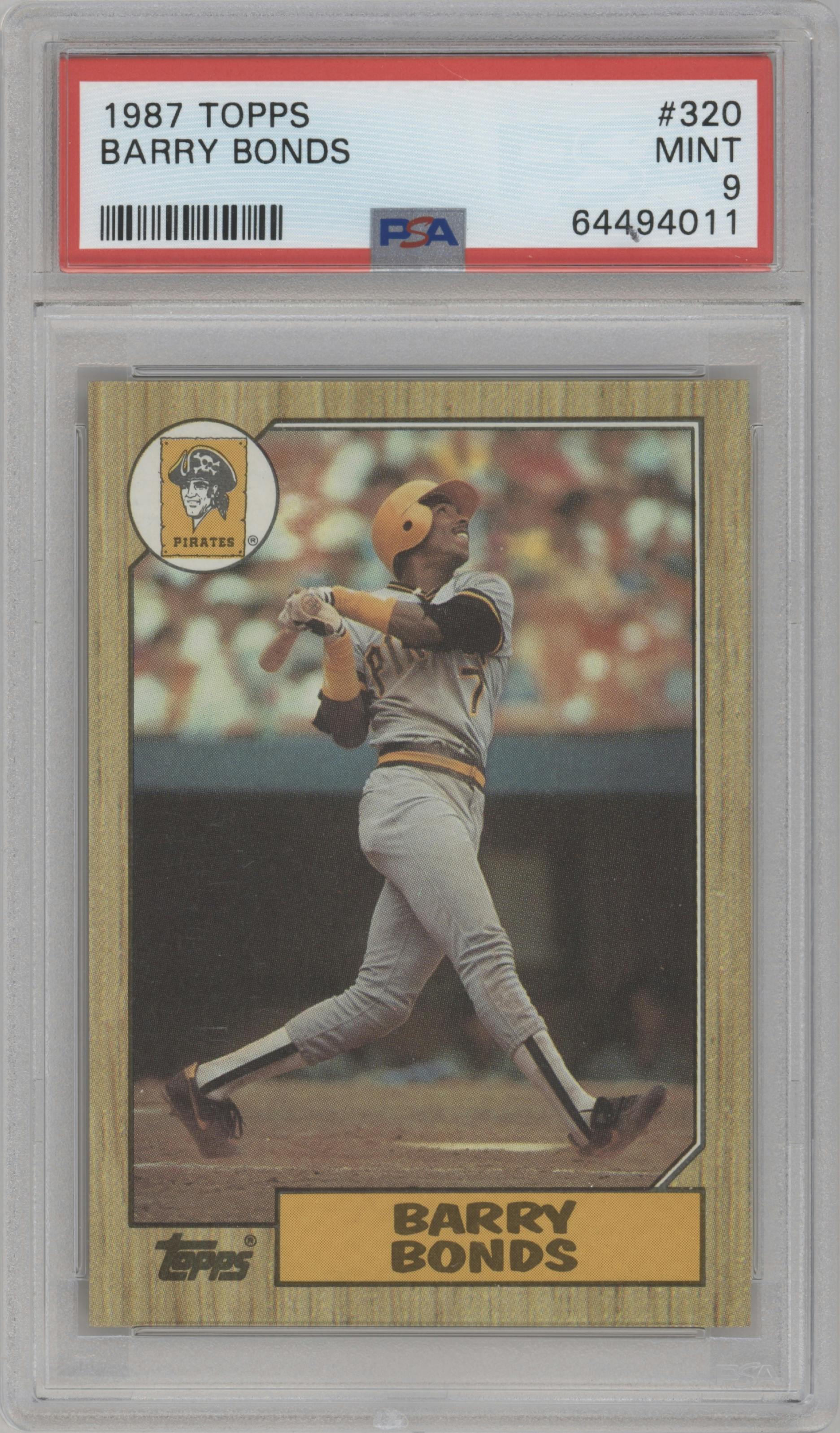 Barry Bonds from the 1987 Topps set graded by PSA and given an overall grade of 9.