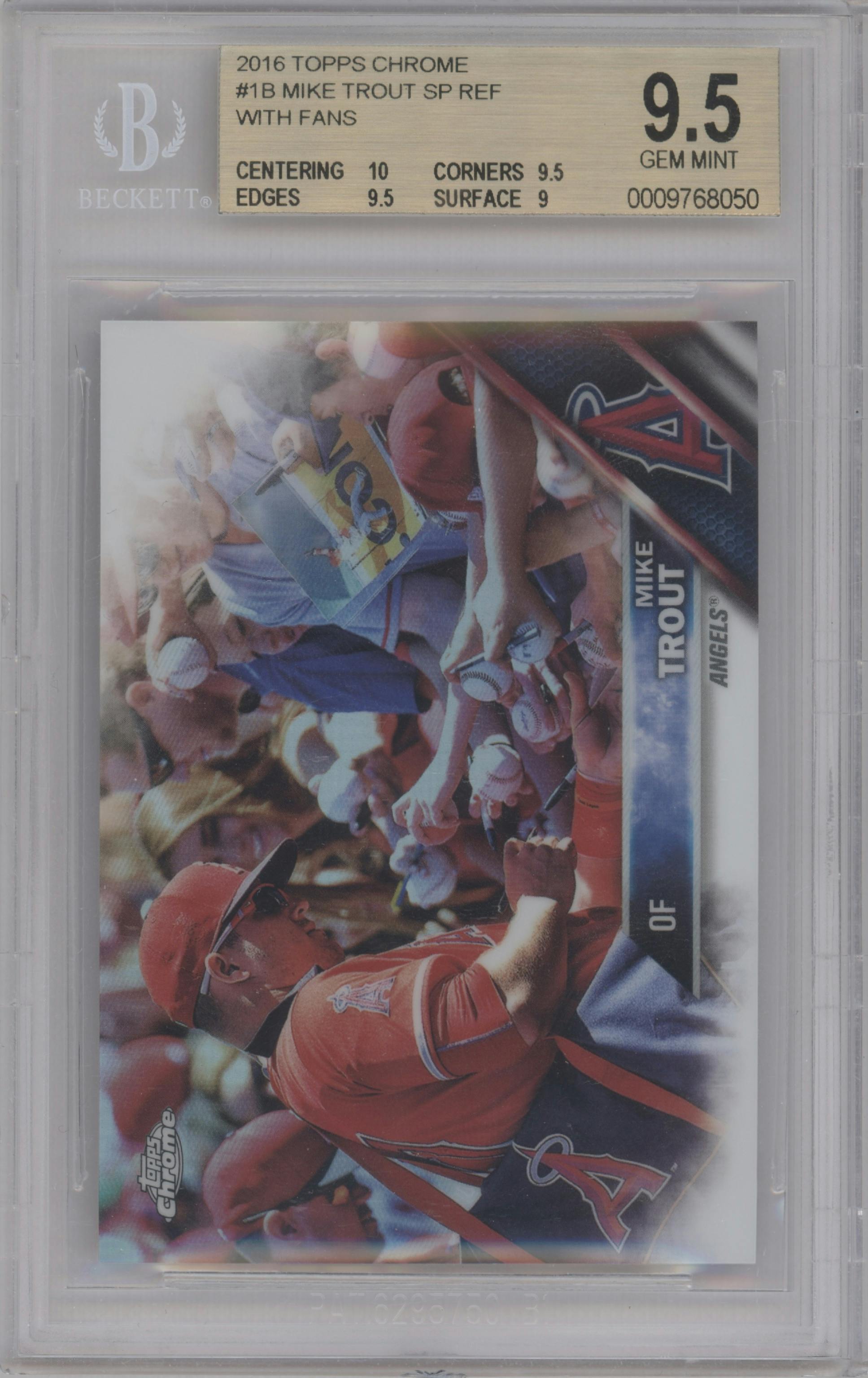 Mike Trout from the 2016 Topps Chrome set graded by Beckett and given an overall grade of 9.5.