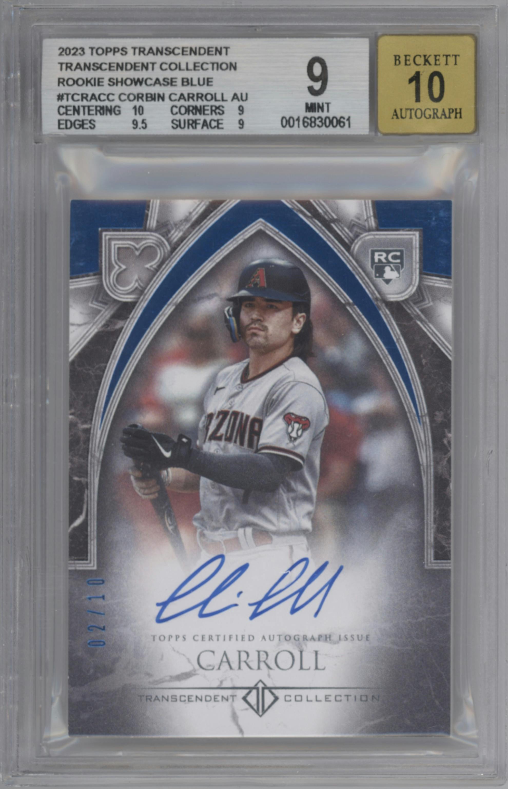 Corbin Carroll from the 2023 Topps Transcendent Collection set featuring a Blue parallel graded by Beckett and given an overall grade of 9.