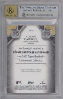 Corbin Carroll from the 2023 Topps Transcendent Collection set featuring a Blue parallel graded by Beckett and given an overall grade of 9.