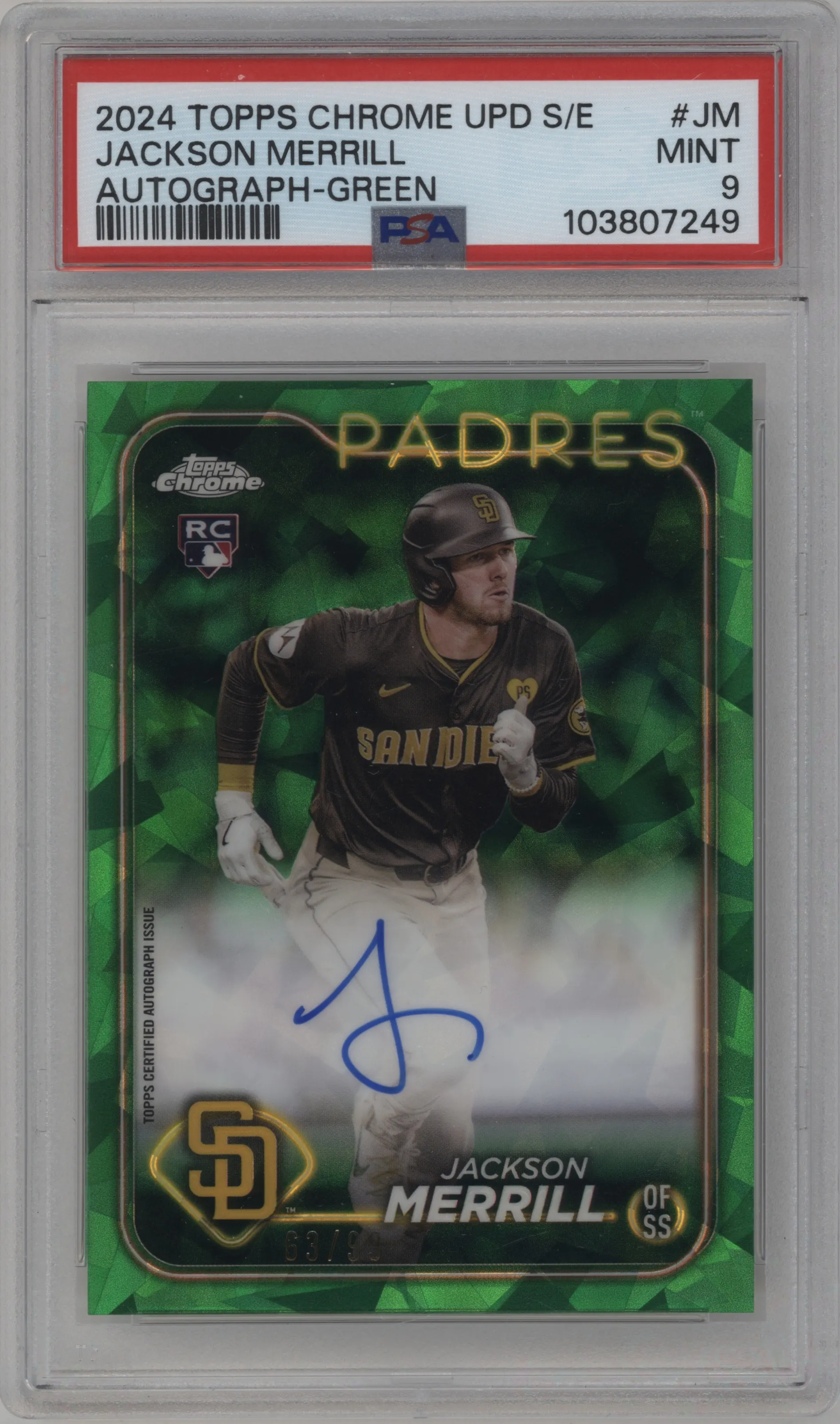 2024 Topps Chrome Update Sapphire Edition Auto Jackson Merrill Green Sapphire Refractor PSA 9