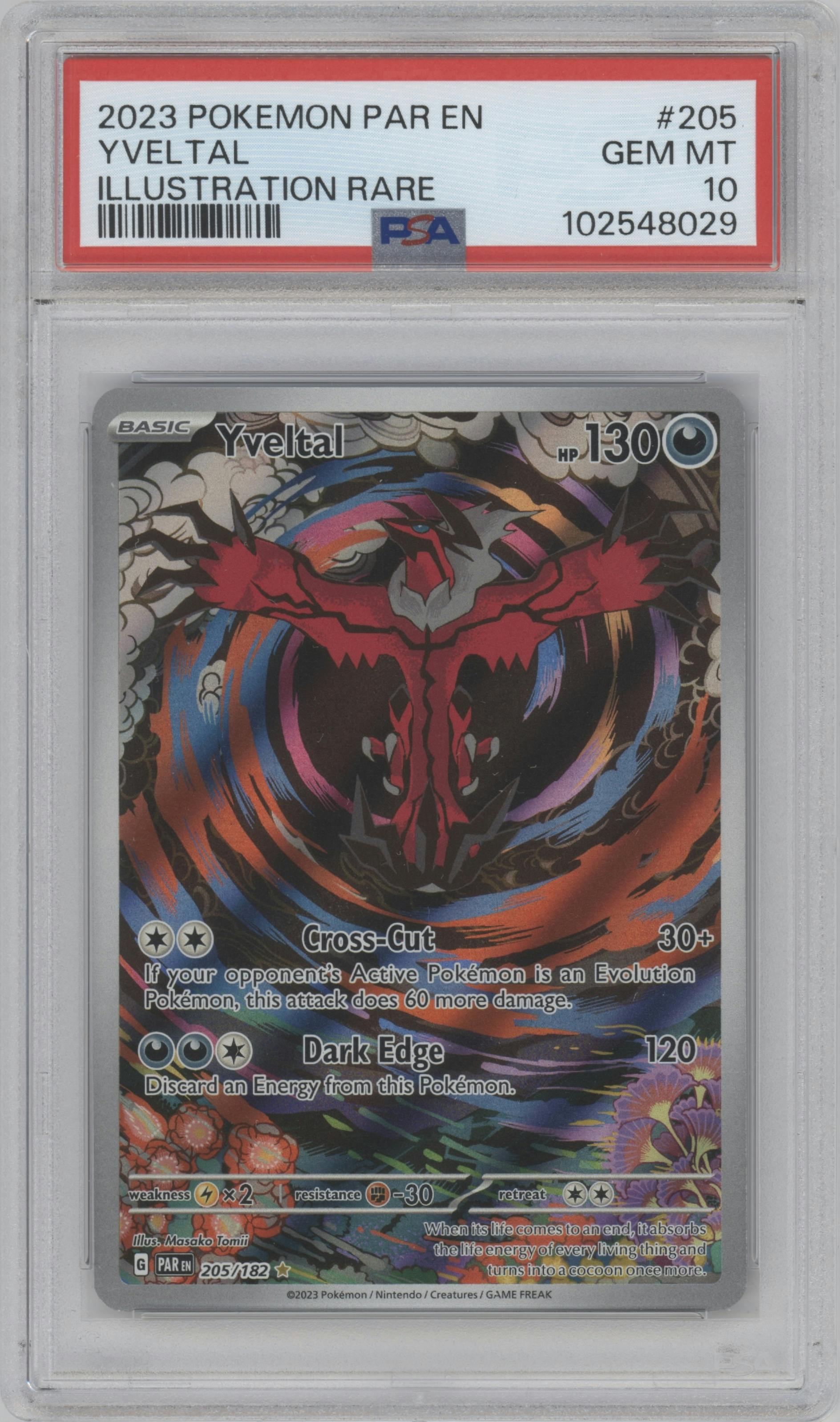 Yveltal from the 2023 Pokemon SV set graded by PSA and given an overall grade of 10.