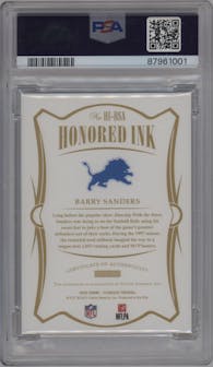 Barry Sanders from the 2020 Panini Flawless set graded by PSA and given an overall grade of 10.