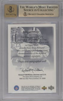 Troy Aikman from the 1998 Upper Deck SPx Finite  set graded by Beckett and given an overall grade of 9.5.