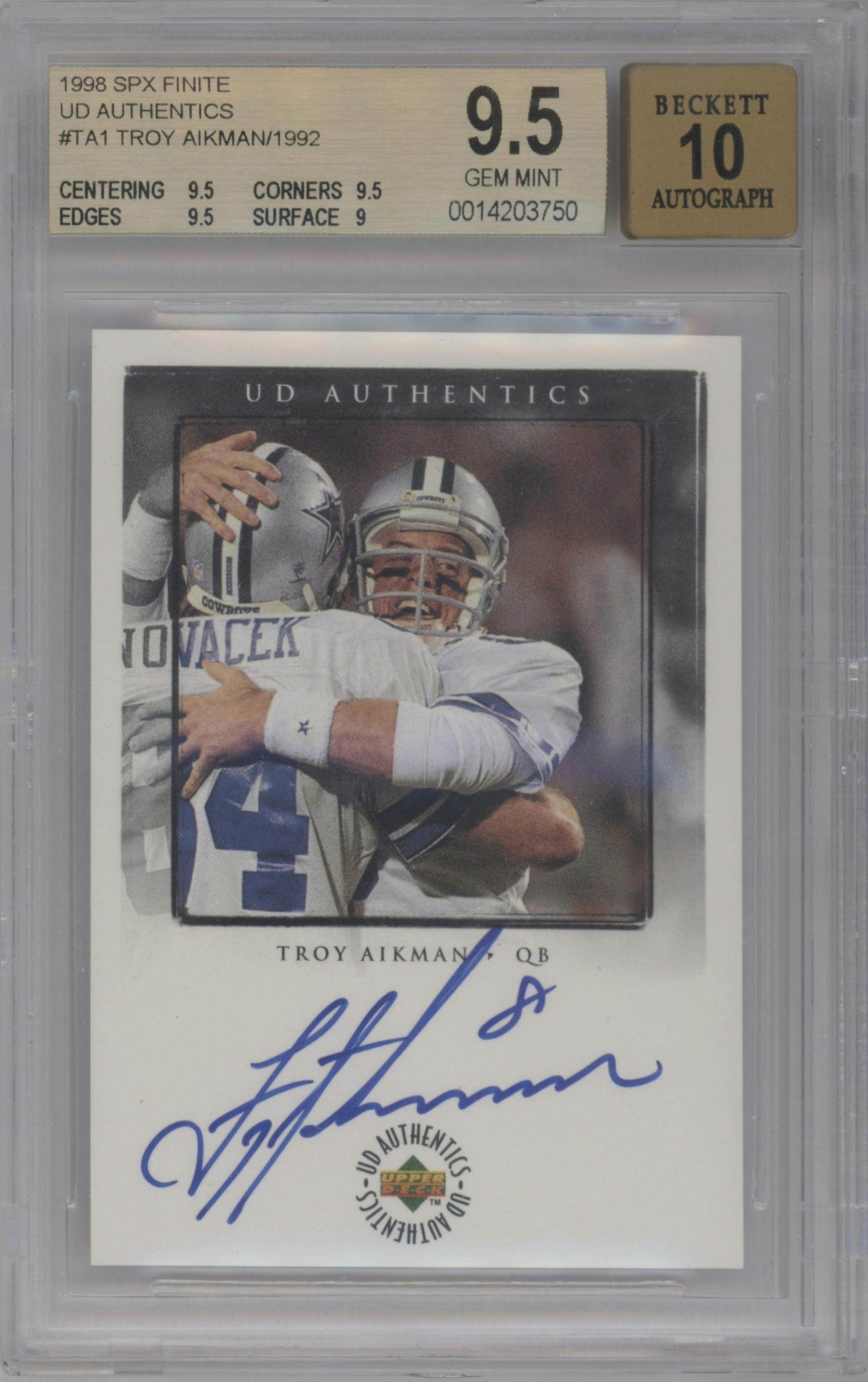 Troy Aikman from the 1998 Upper Deck SPx Finite  set graded by Beckett and given an overall grade of 9.5.