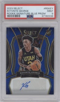 Keyonte George from the 2023-24 Panini Select  set featuring a Blue Prizm parallel graded by PSA and given an overall grade of 9.