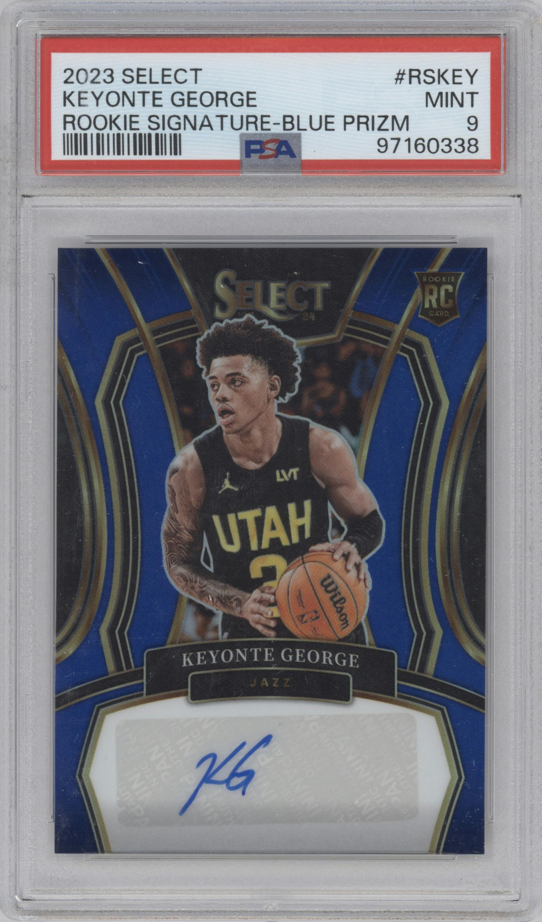 Keyonte George from the 2023-24 Panini Select  set featuring a Blue Prizm parallel graded by PSA and given an overall grade of 9.