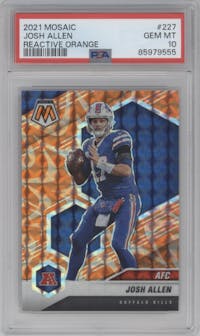 Josh Allen from the 2021 Panini Mosaic set featuring a Reactive Orange parallel graded by PSA and given an overall grade of 10.