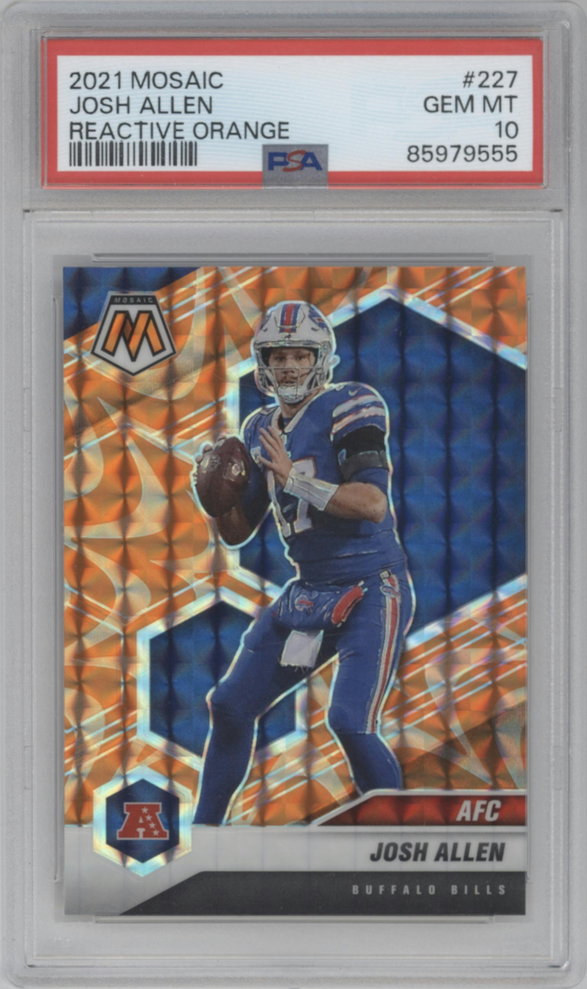 Josh Allen from the 2021 Panini Mosaic set featuring a Reactive Orange parallel graded by PSA and given an overall grade of 10.