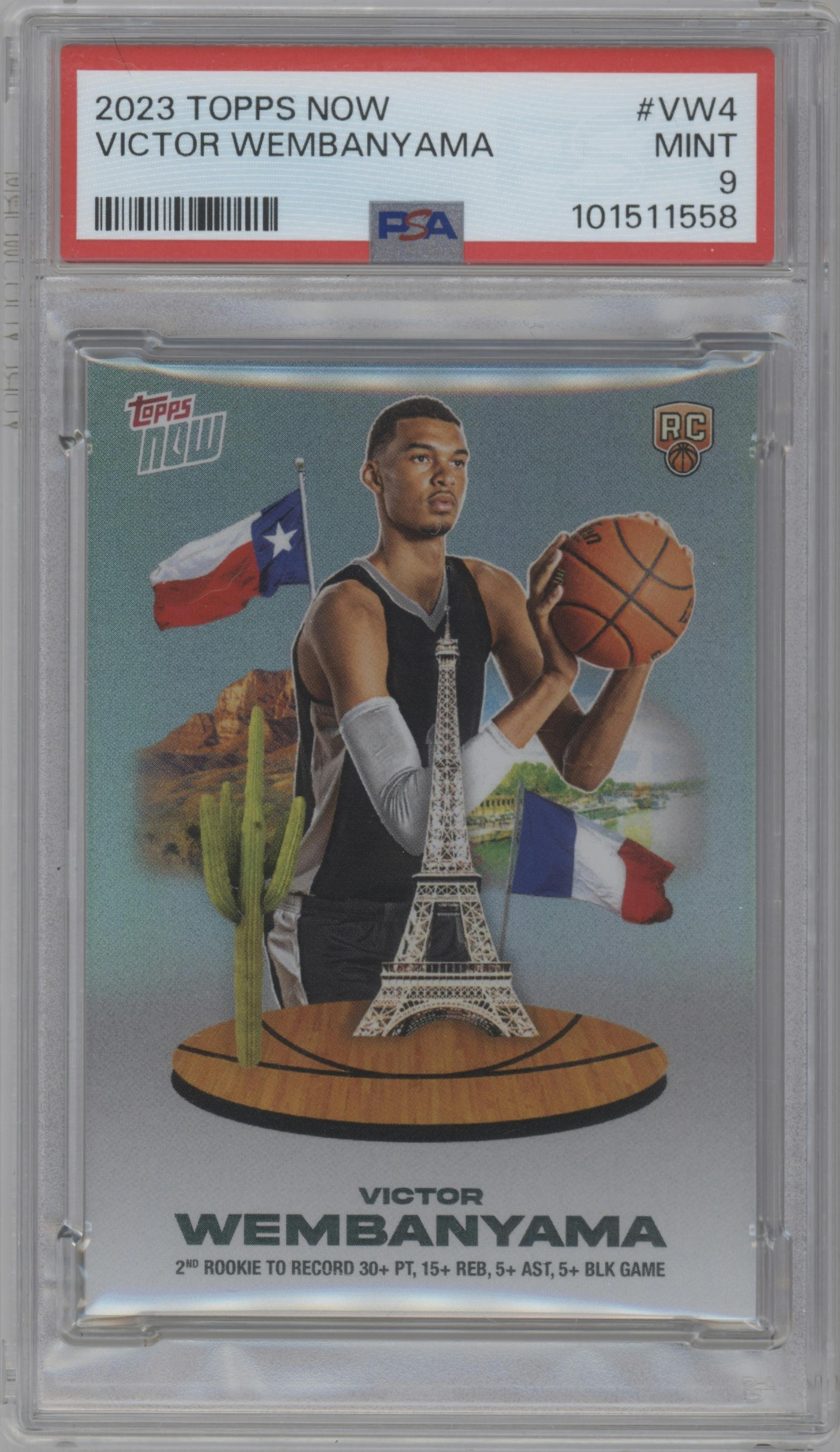 Victor Wembanyama from the 2023-24 Topps Now set graded by PSA and given an overall grade of 9.