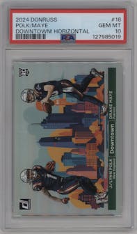 Drake Maye/Ja'Lynn Polk from the 2024 Donruss set graded by PSA and given an overall grade of 10.