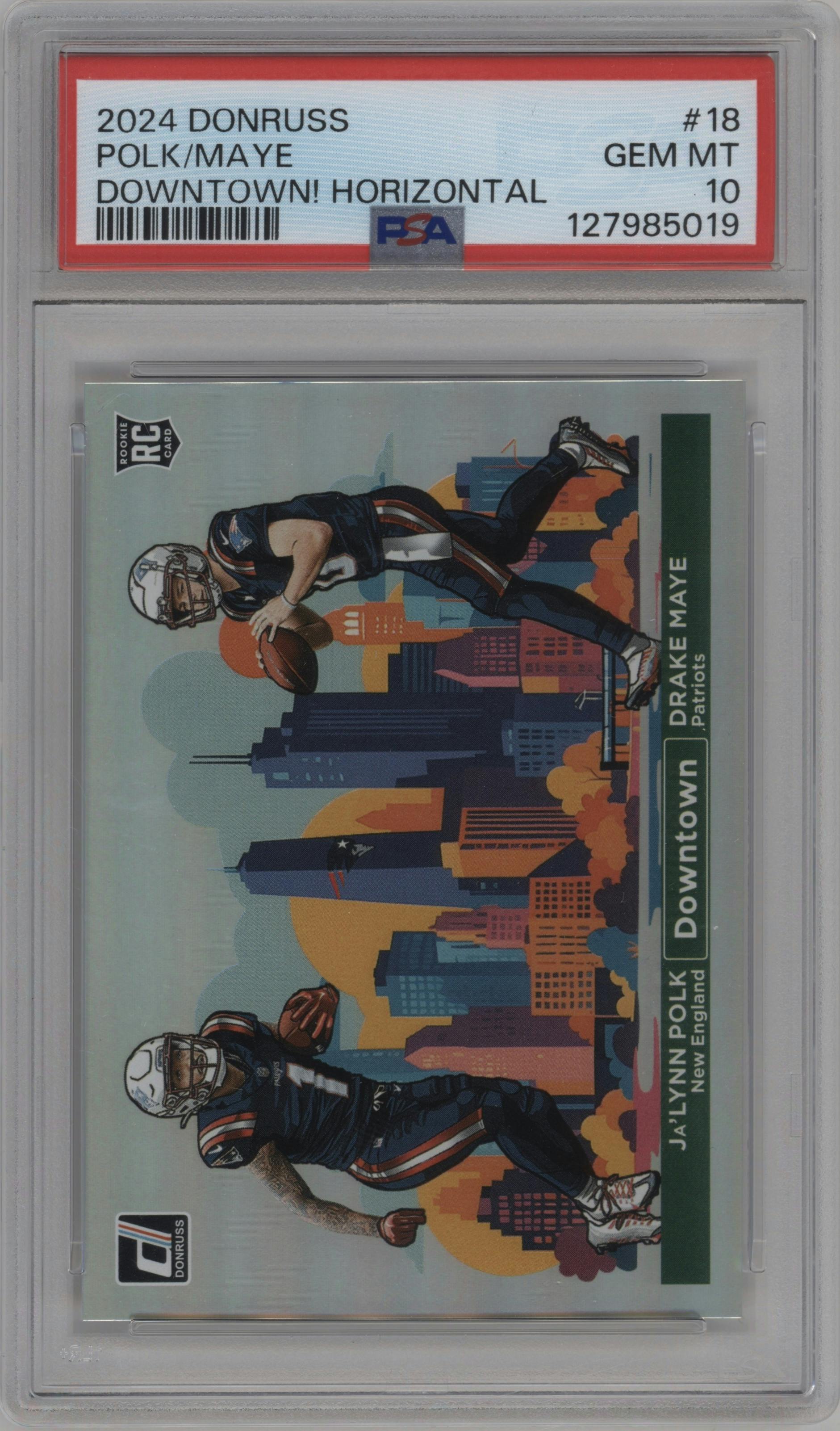 Drake Maye/Ja'Lynn Polk from the 2024 Donruss set graded by PSA and given an overall grade of 10.