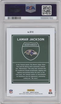 Lamar Jackson from the 2021 Panini Donruss set graded by PSA and given an overall grade of 9.