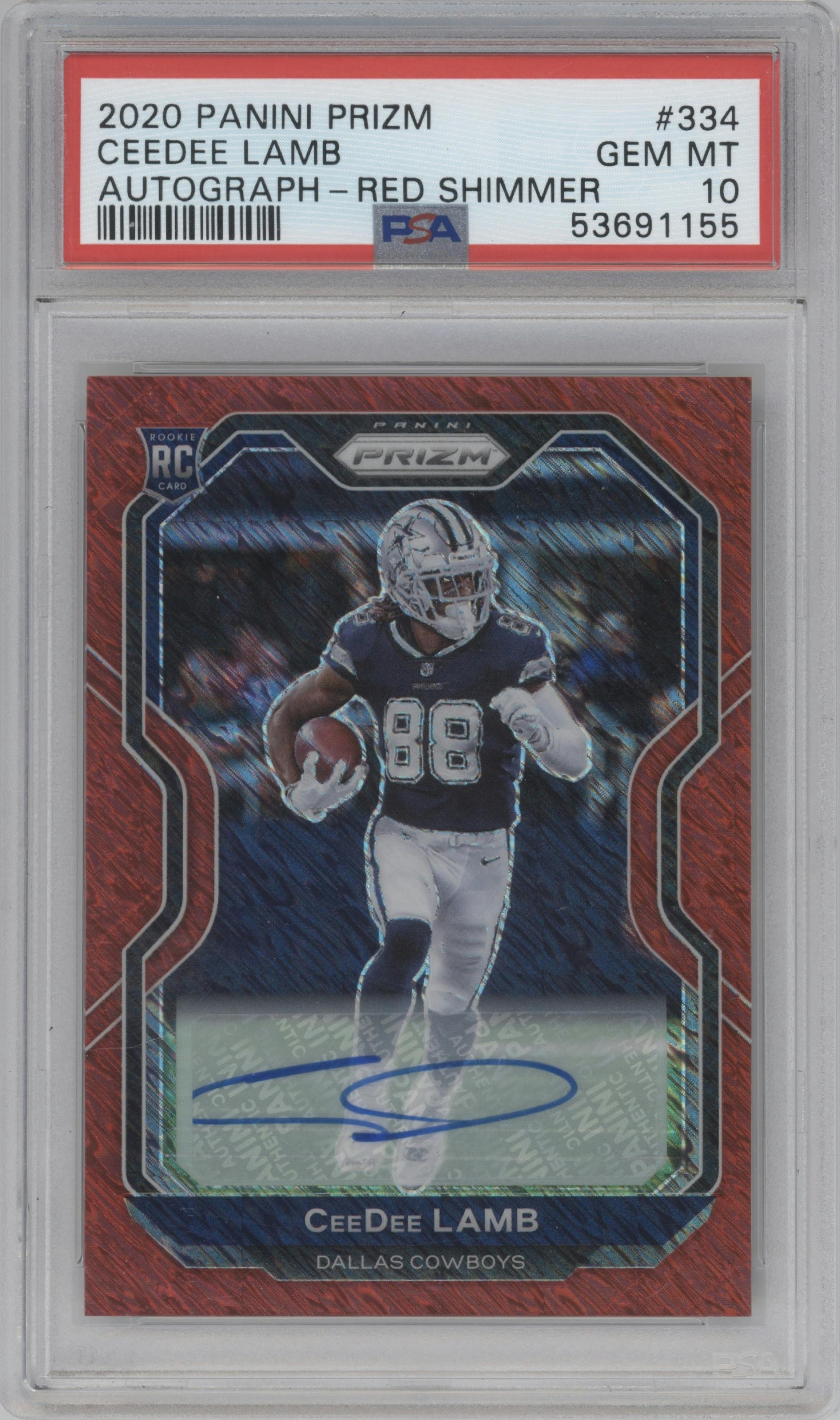 CeeDee Lamb from the 2020 Panini Prizm set featuring a Red Shimmer parallel graded by PSA and given an overall grade of 10.