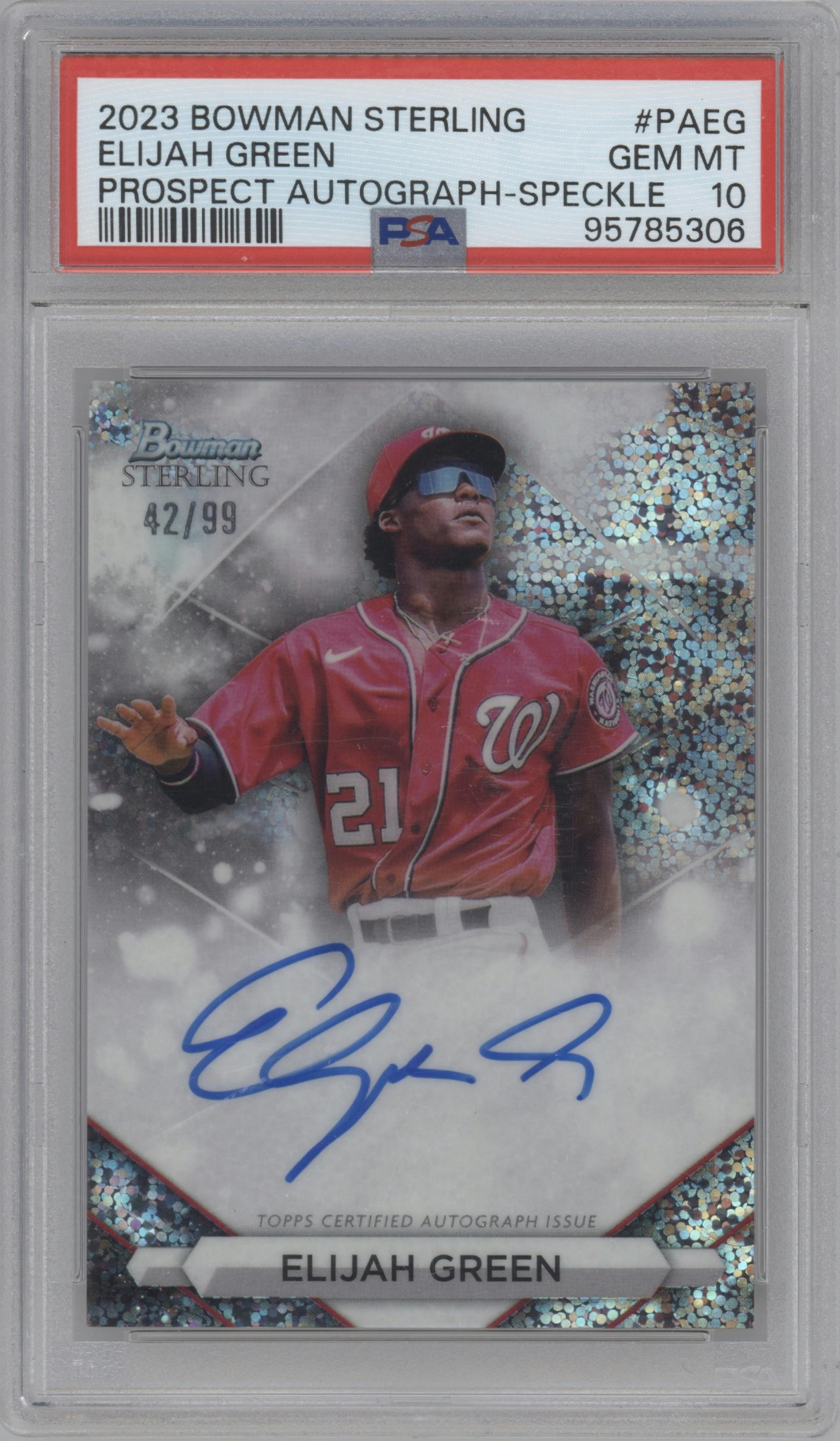 Elijah Green from the 2023 Bowman Sterling set featuring a Speckle Refractor parallel graded by PSA and given an overall grade of 10.