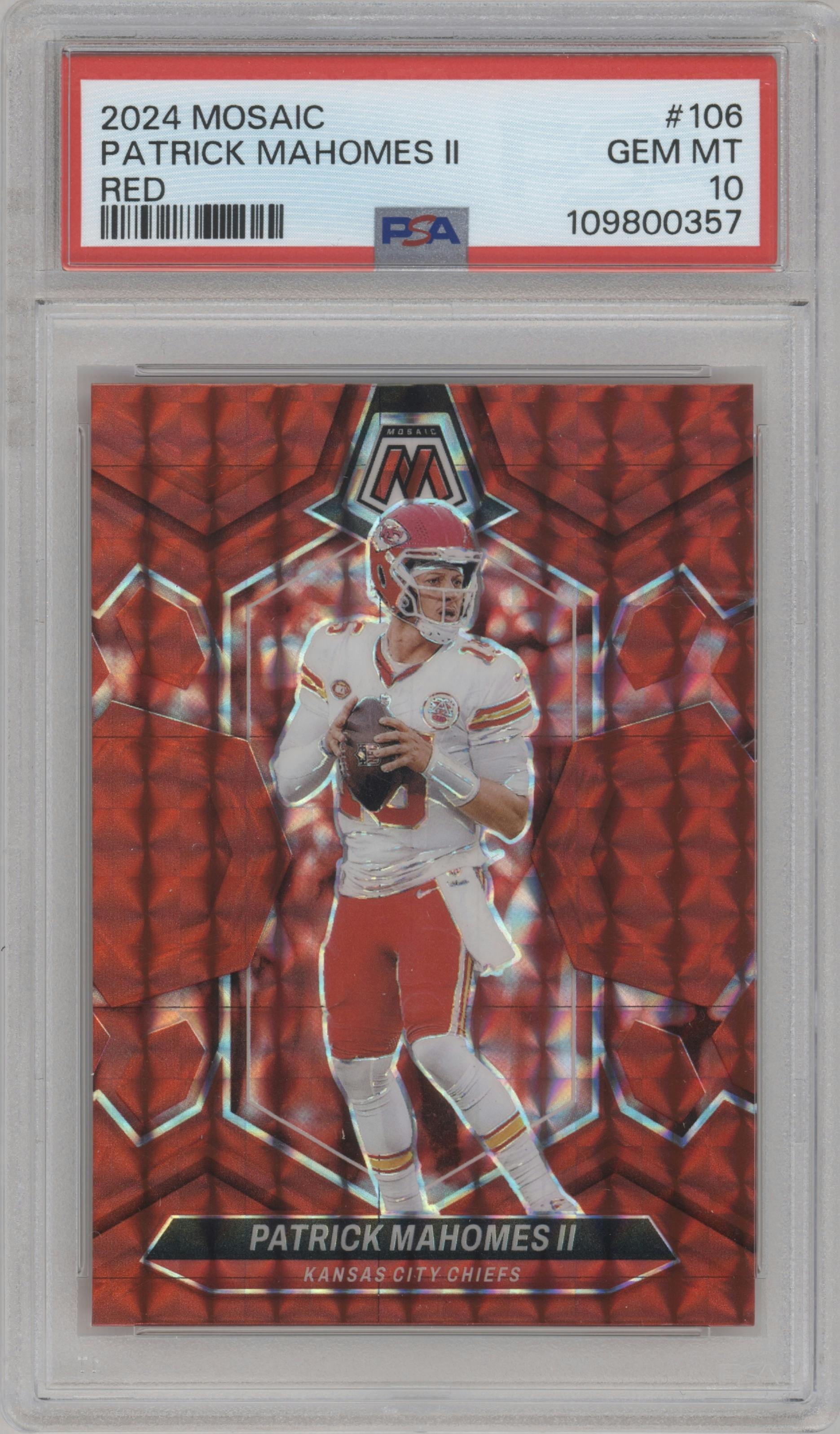 Patrick Mahomes II from the 2024 Panini Mosaic set featuring a Red Mosaic parallel graded by PSA and given an overall grade of 10.