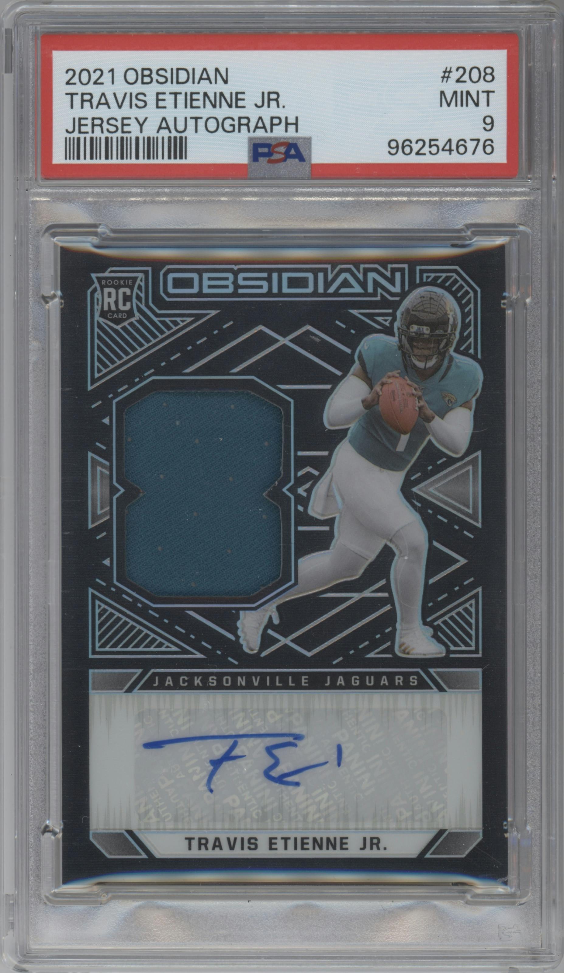 Travis Etienne Jr. from the 2021 Panini Obsidian set graded by PSA and given an overall grade of 9.