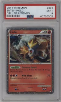Entei from the 2011 Pokemon  set graded by PSA and given an overall grade of 9.