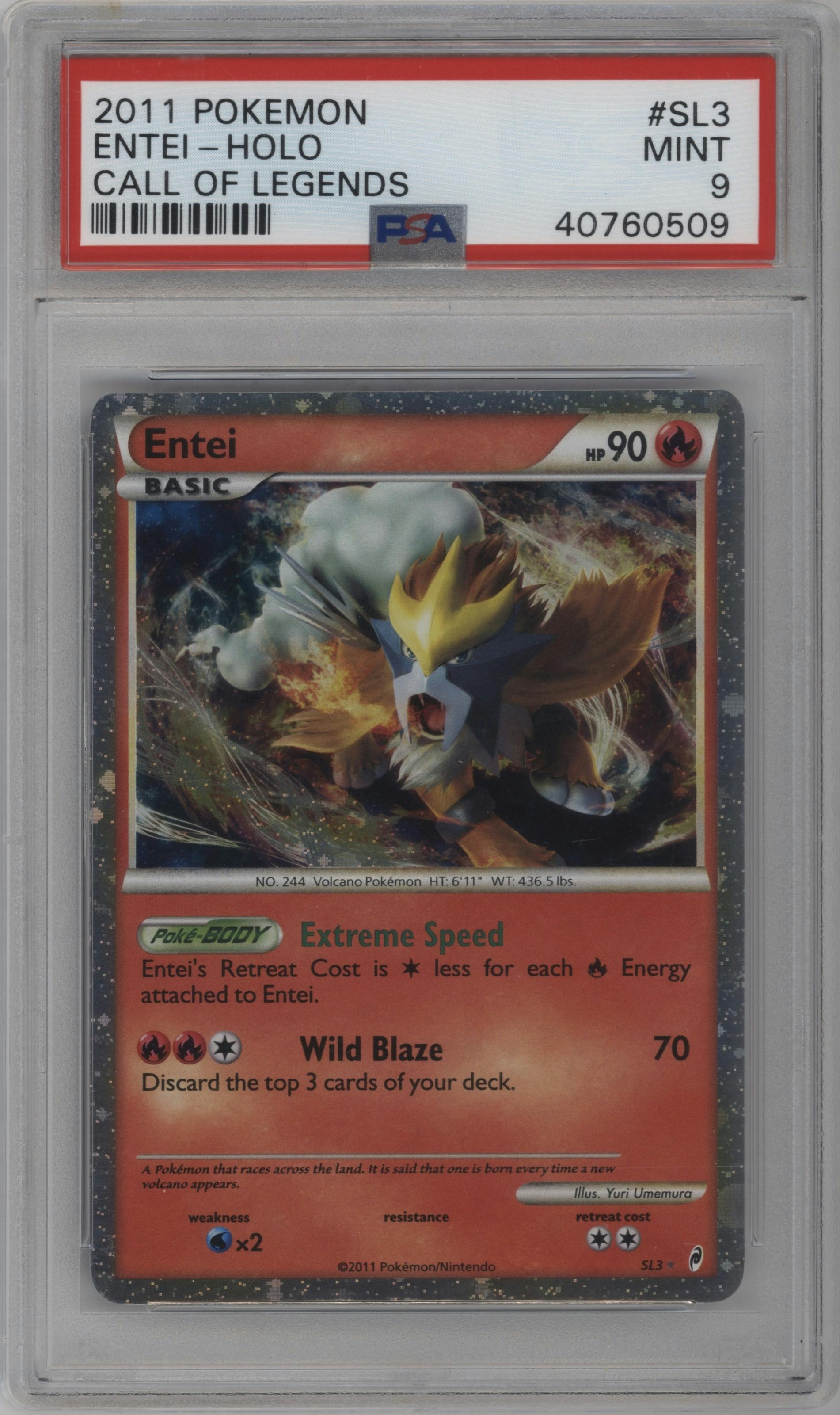 Entei from the 2011 Pokemon  set graded by PSA and given an overall grade of 9.