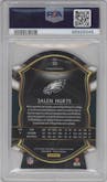 Jalen Hurts from the 2020 Panini Select set featuring a Die-Cut Purple parallel graded by PSA and given an overall grade of 10.