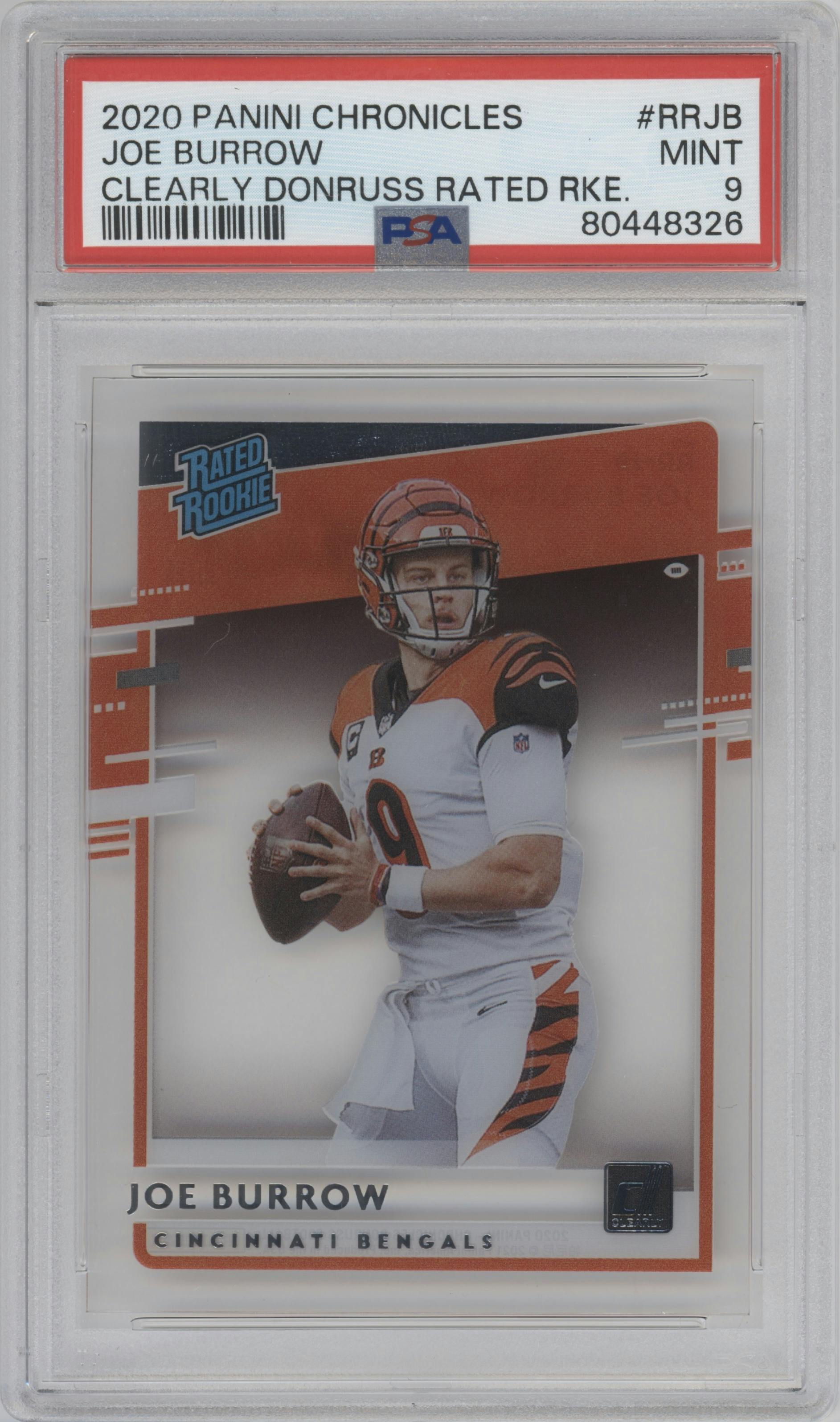 Joe Burrow from the 2020 Panini Chronicles set graded by PSA and given an overall grade of 9.