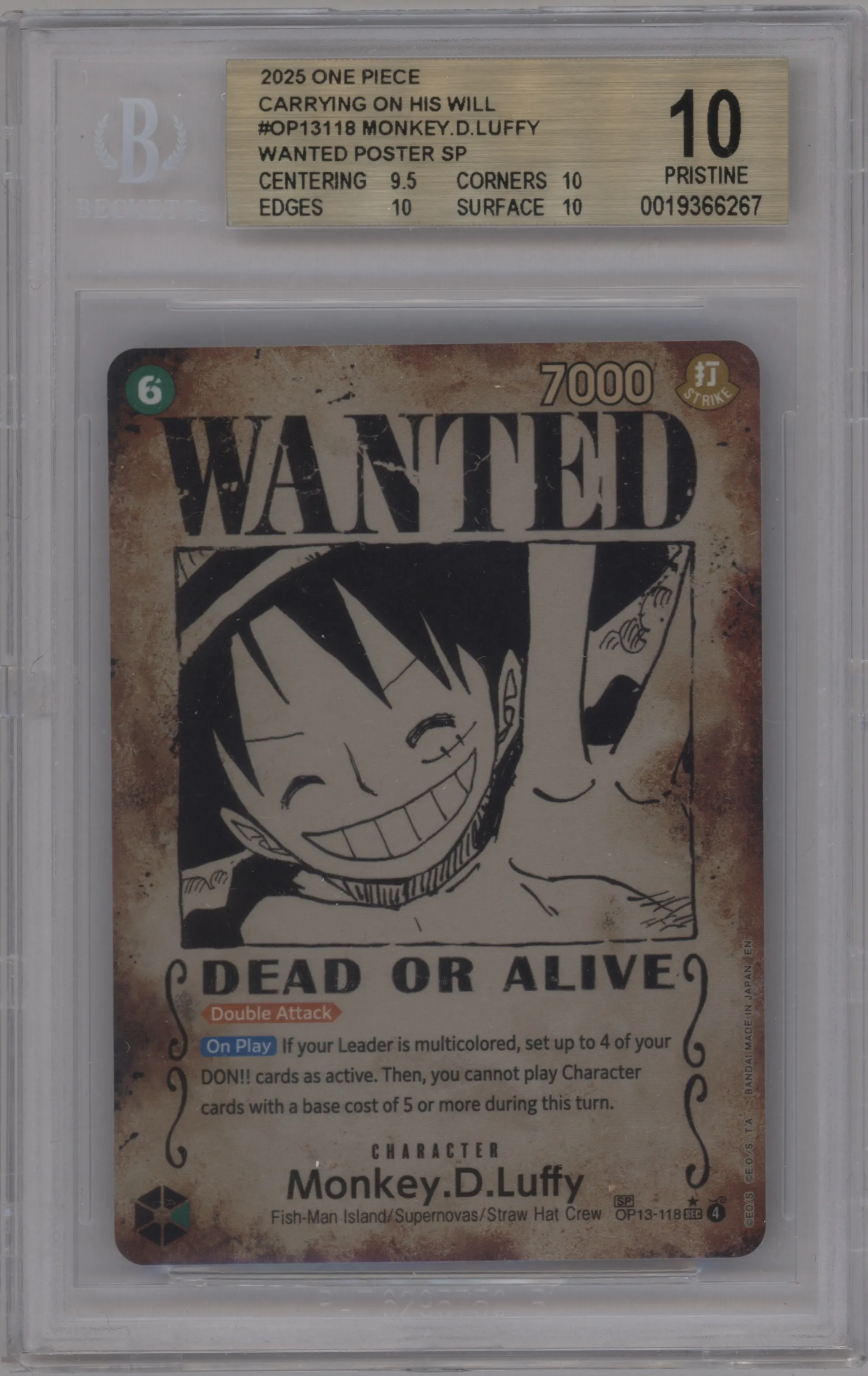 2025 One Piece Carrying On His Will Monkey.D.Luffy Wanted Alternate Art OP13-118 SEC #SP OP13-118 SEC BGS 10