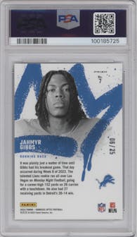Jahmyr Gibbs from the 2023 Donruss Optic set featuring a Black Pandora parallel graded by PSA and given an overall grade of 9.