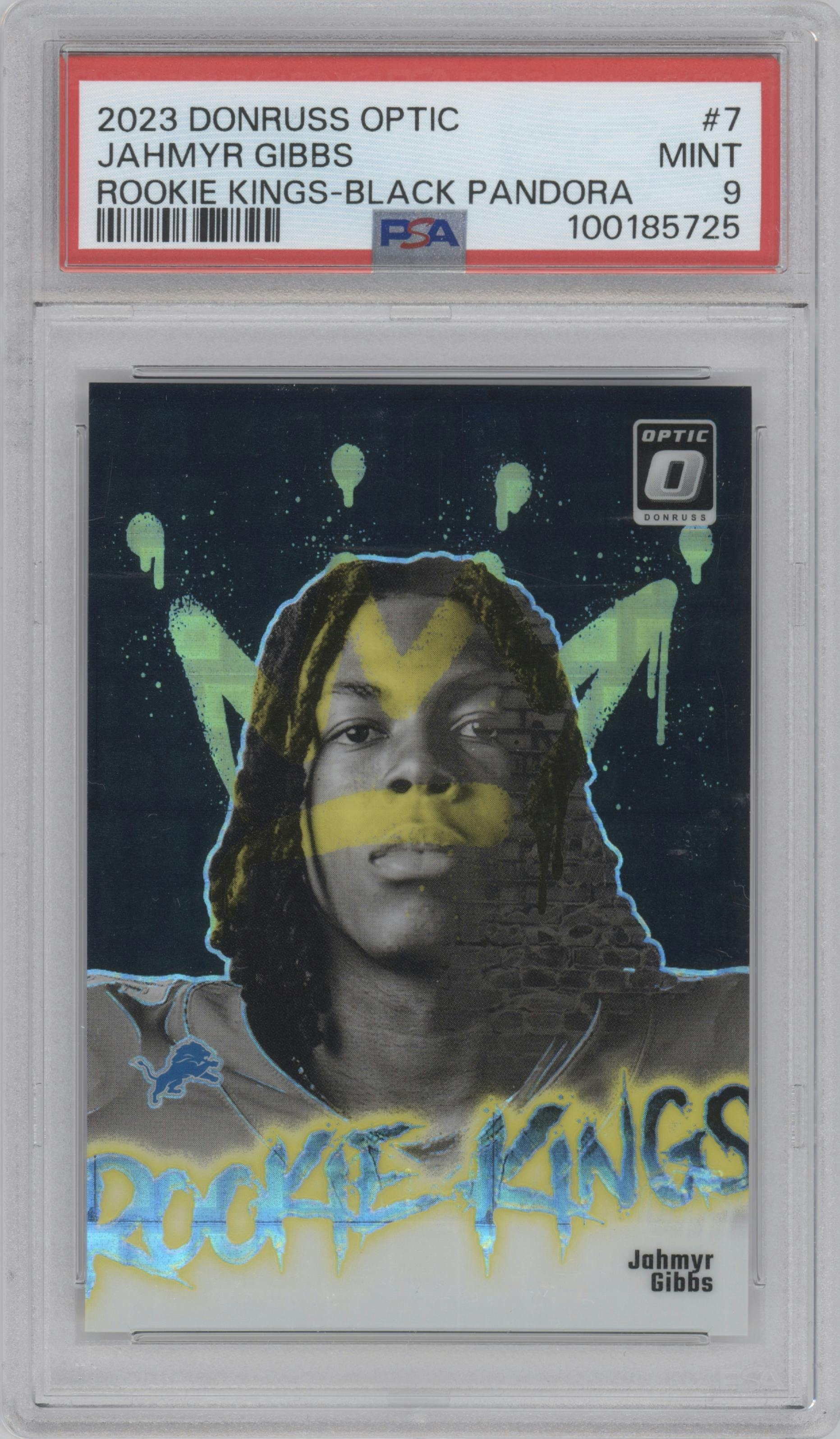 Jahmyr Gibbs from the 2023 Donruss Optic set featuring a Black Pandora parallel graded by PSA and given an overall grade of 9.