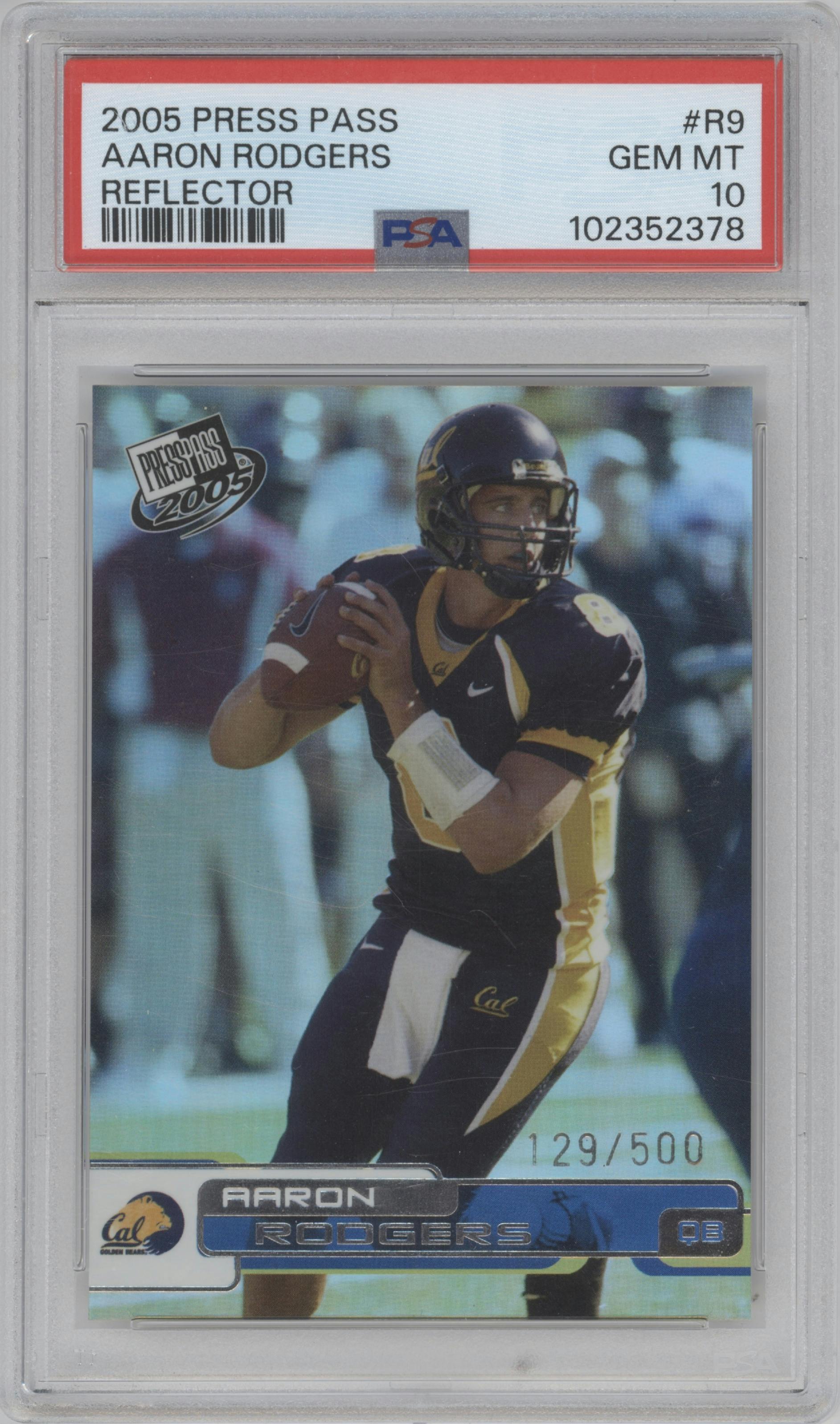 Aaron Rodgers from the 2005 Press Pass set featuring a Reflector parallel graded by PSA and given an overall grade of 10.