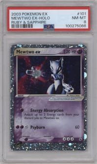 Mewtwo ex from the 2003 Pokemon EX set graded by PSA and given an overall grade of 8.