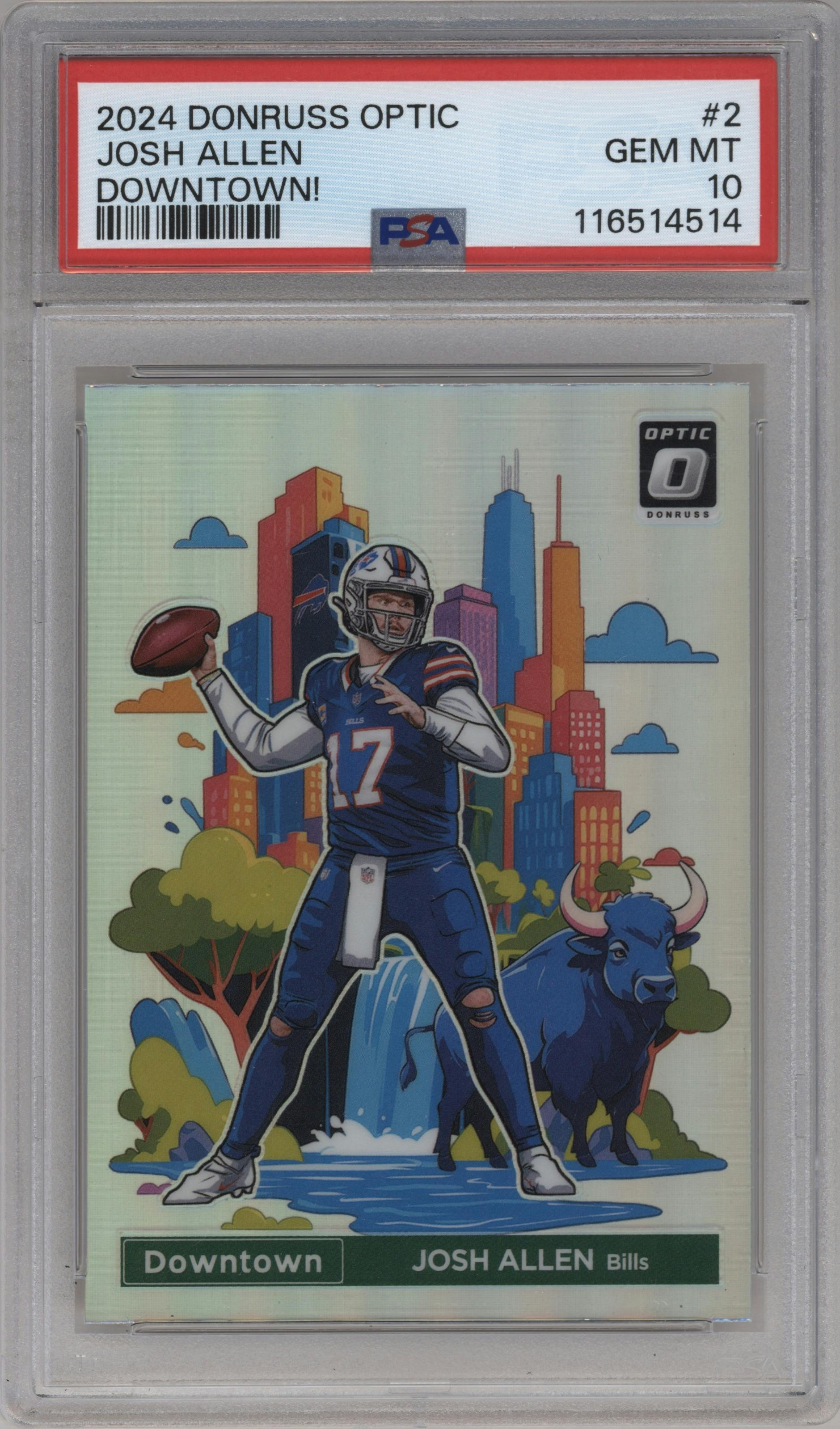 Josh Allen from the 2024 Donruss Optic set graded by PSA and given an overall grade of 10.