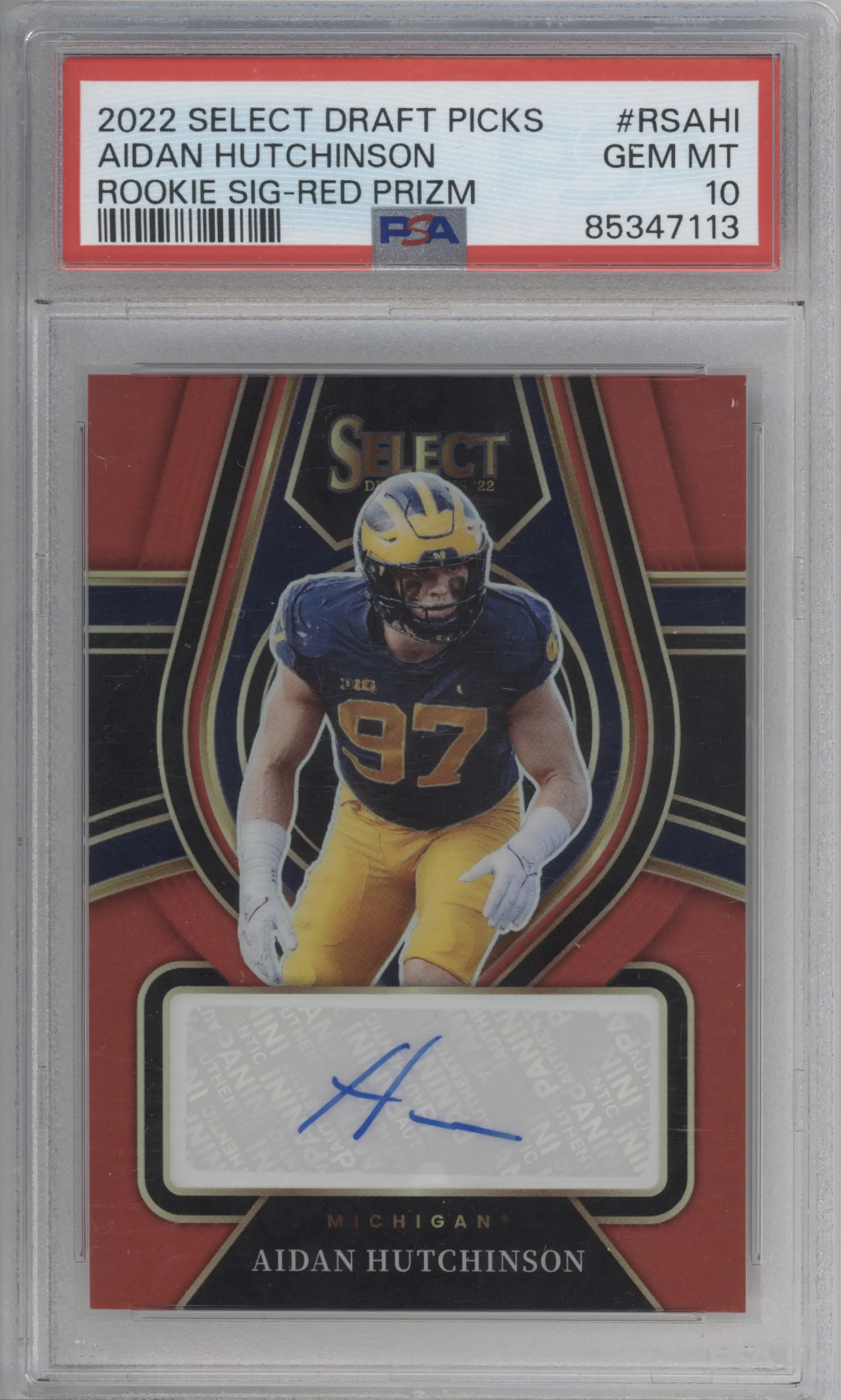 2022 Panini Select Draft Picks Rke.Sig. Aidan Hutchinson Red Prizm PSA 10