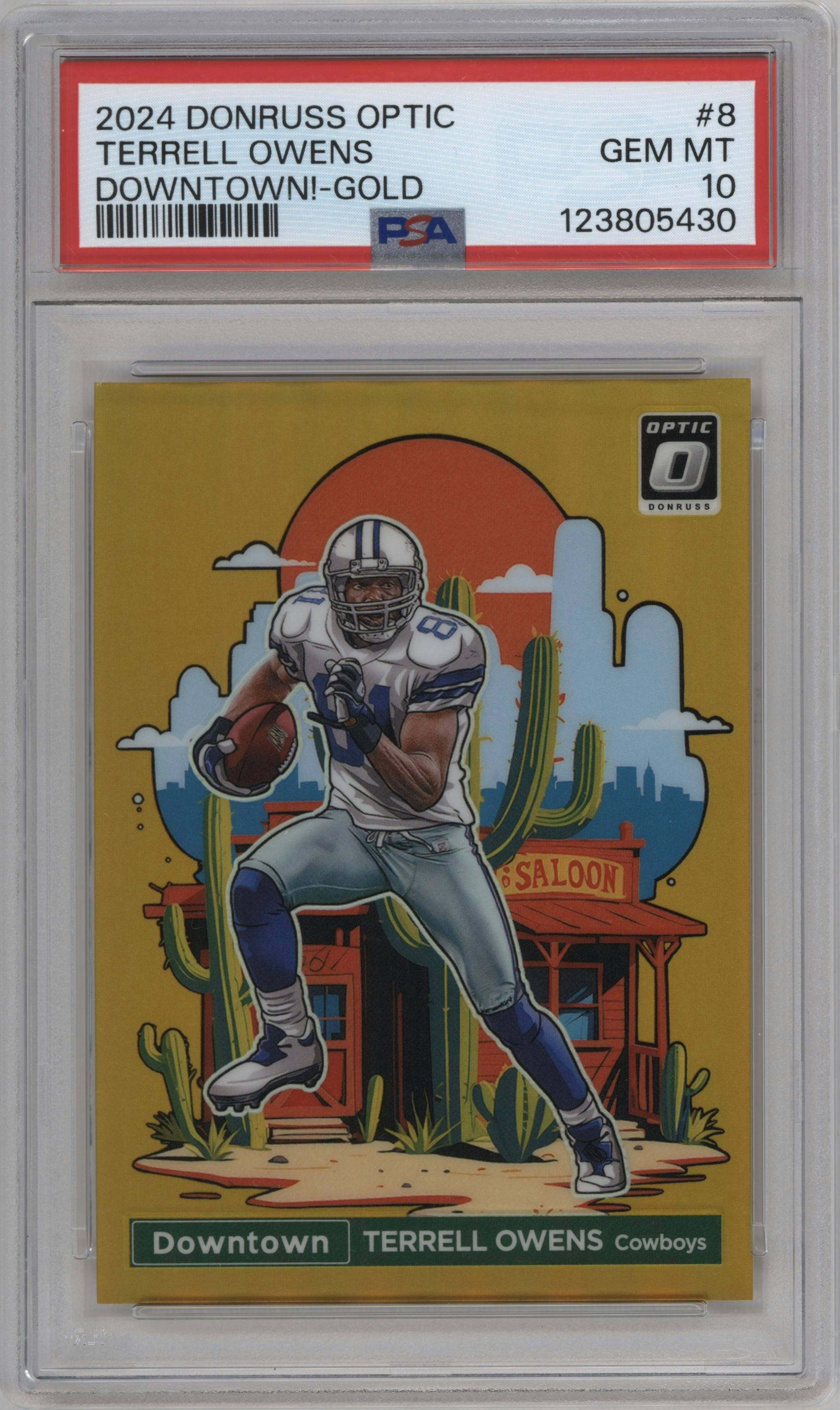 Terrell Owens	 from the 2024 Donruss Optic set featuring a Gold parallel graded by PSA and given an overall grade of 10.