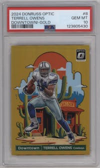 Terrell Owens from the 2024 Donruss Optic set featuring a Gold parallel graded by PSA and given an overall grade of 10.