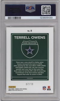 Terrell Owens	 from the 2024 Donruss Optic set featuring a Gold parallel graded by PSA and given an overall grade of 10.
