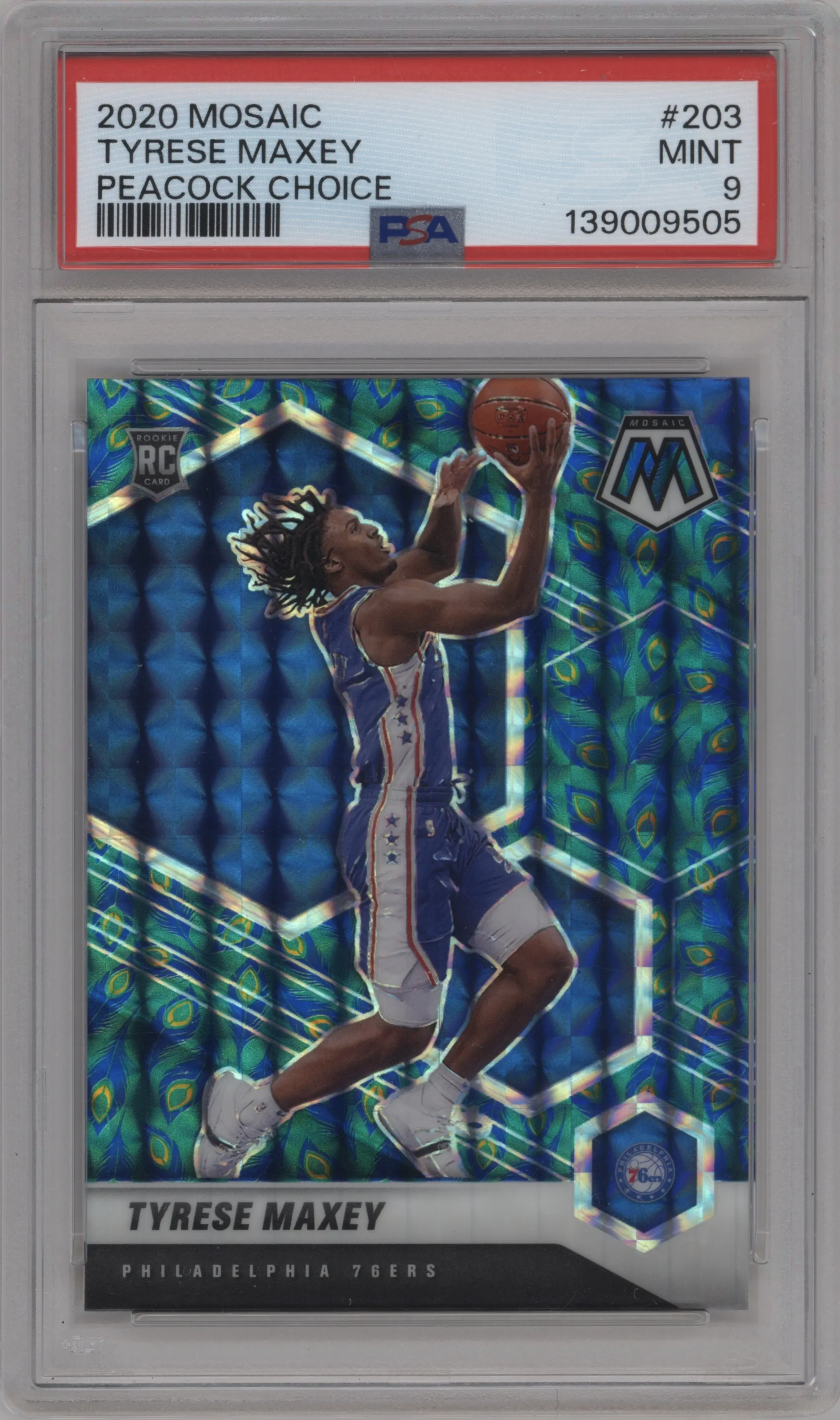 2020 Panini Mosaic Tyrese Maxey Choice Peacock #203 PSA 9