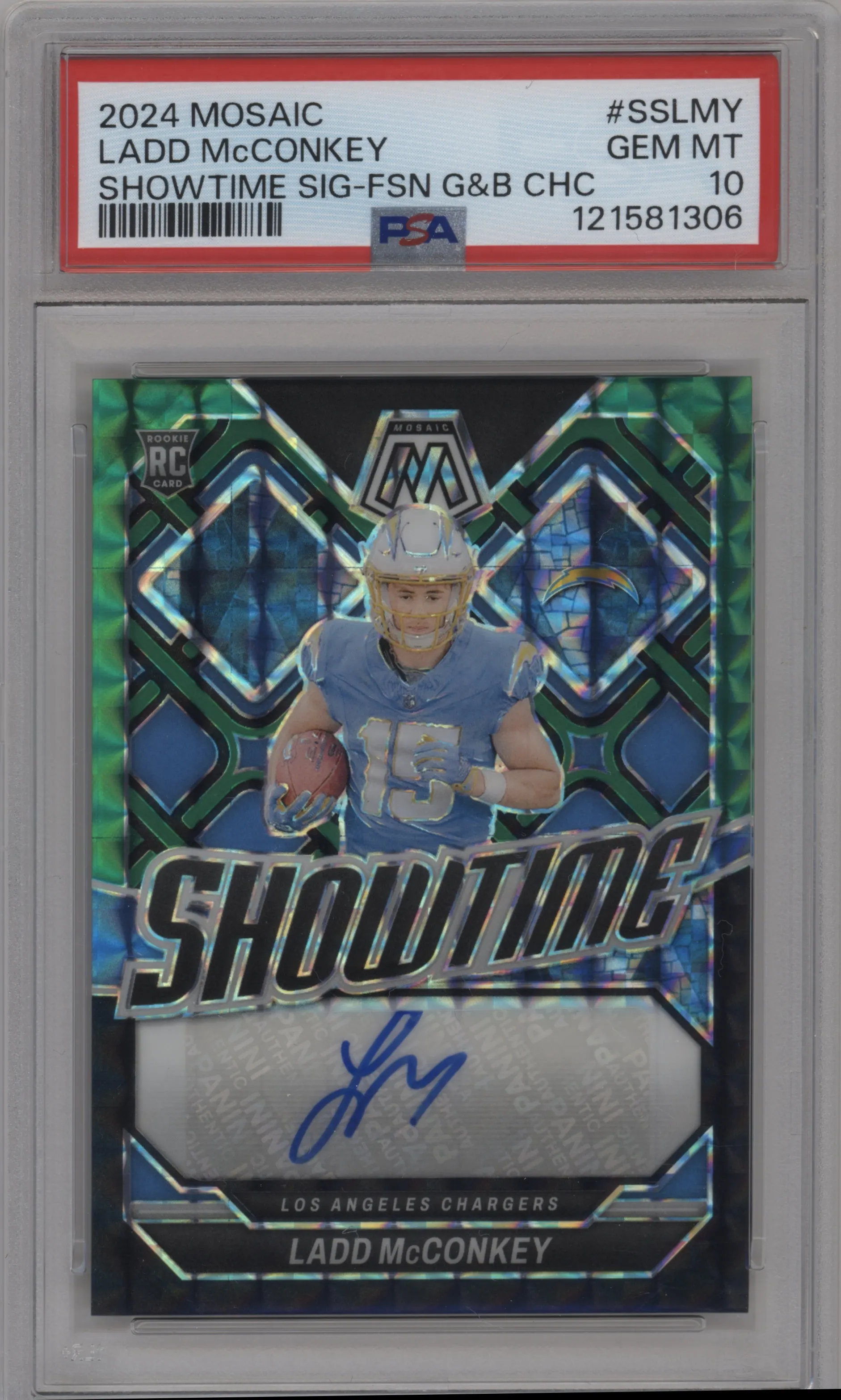 2024 Panini Mosaic Showtime Sig. Ladd McConkey Choice Fusion Green and Black #SS-LMY PSA 10