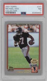 Michael Vick from the 2001 Topps set featuring a Topps Collection parallel graded by PSA and given an overall grade of 7.