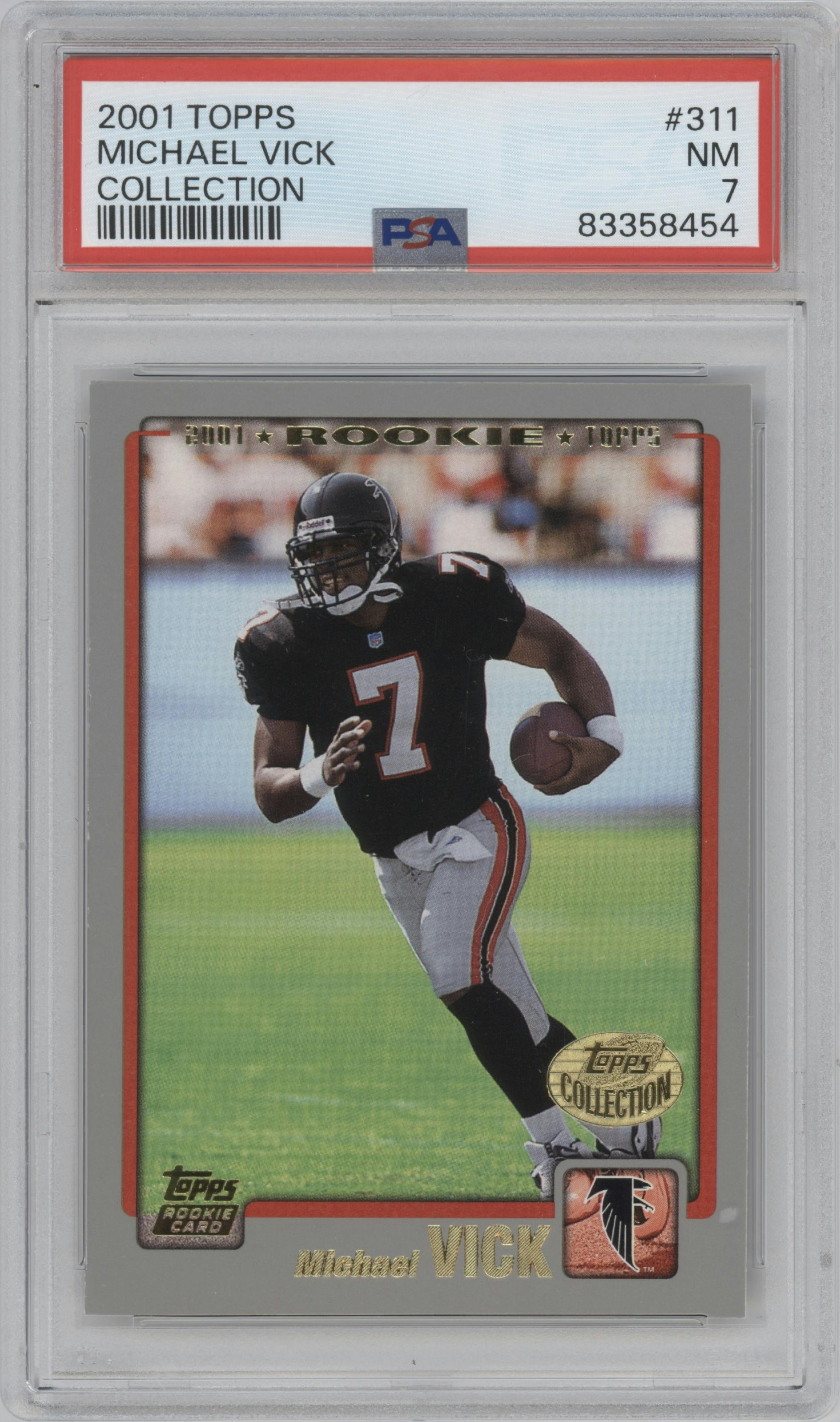 Michael Vick from the 2001 Topps set featuring a Topps Collection parallel graded by PSA and given an overall grade of 7.