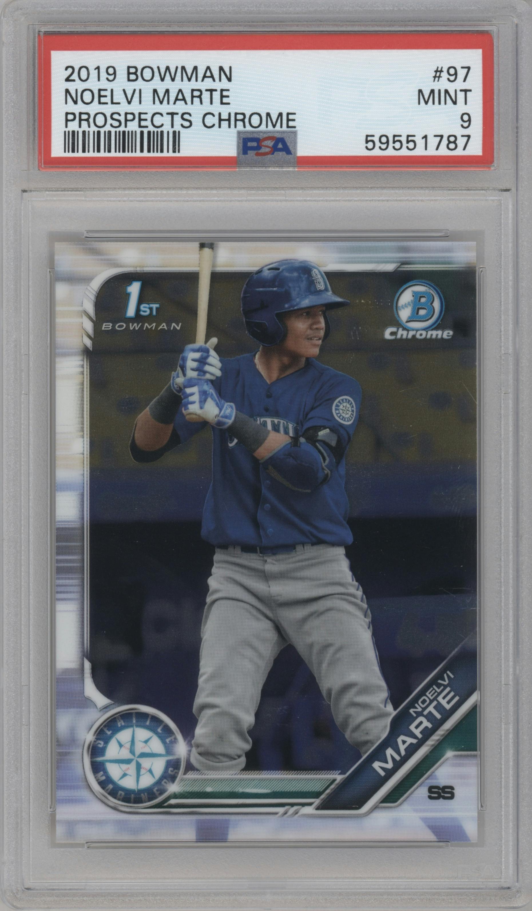 Noelvi Marte from the 2019 Bowman  set graded by PSA and given an overall grade of 9.