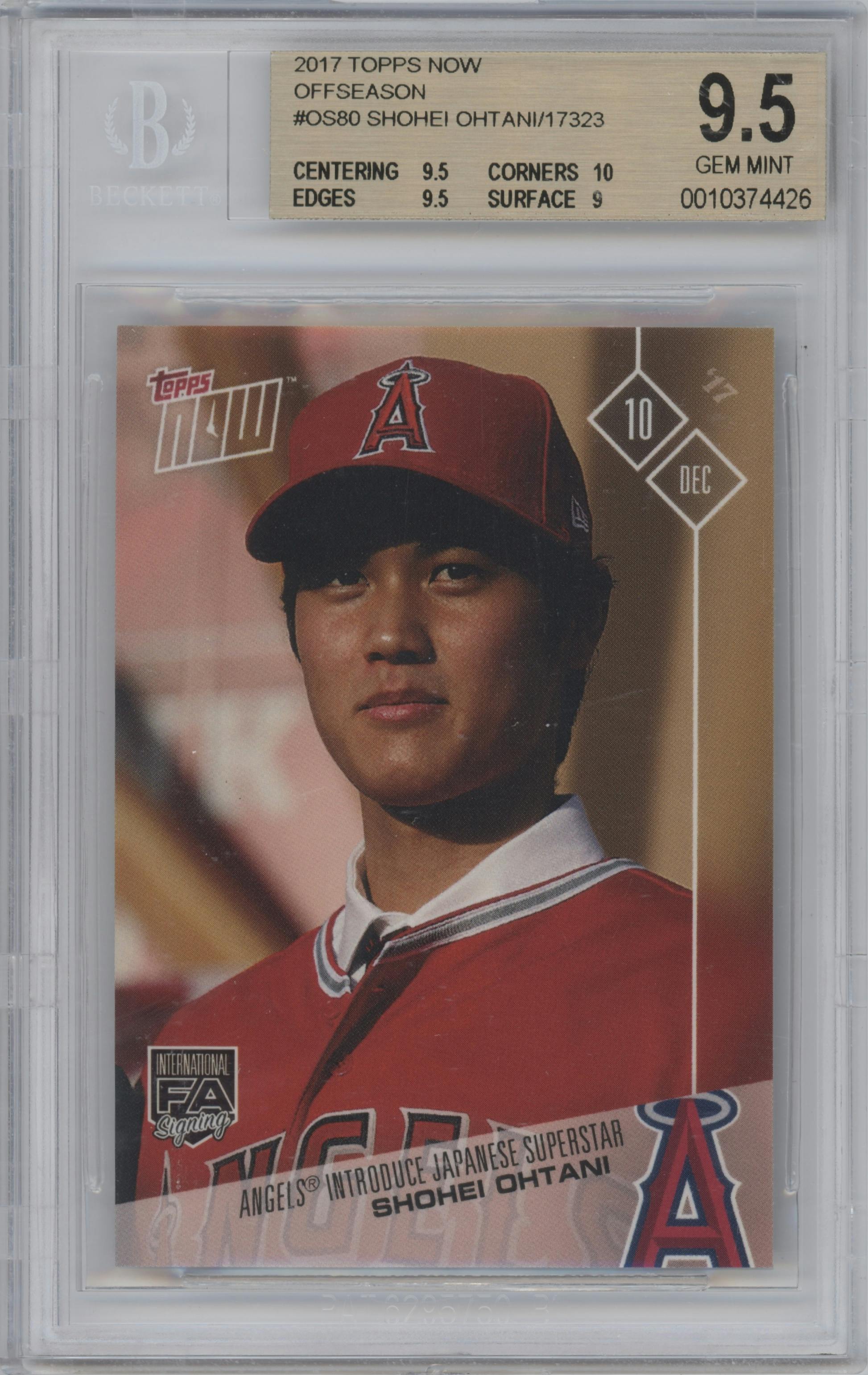 Shohei Ohtani from the 2017 Topps Now Off-Season set graded by Beckett and given an overall grade of 9.5.